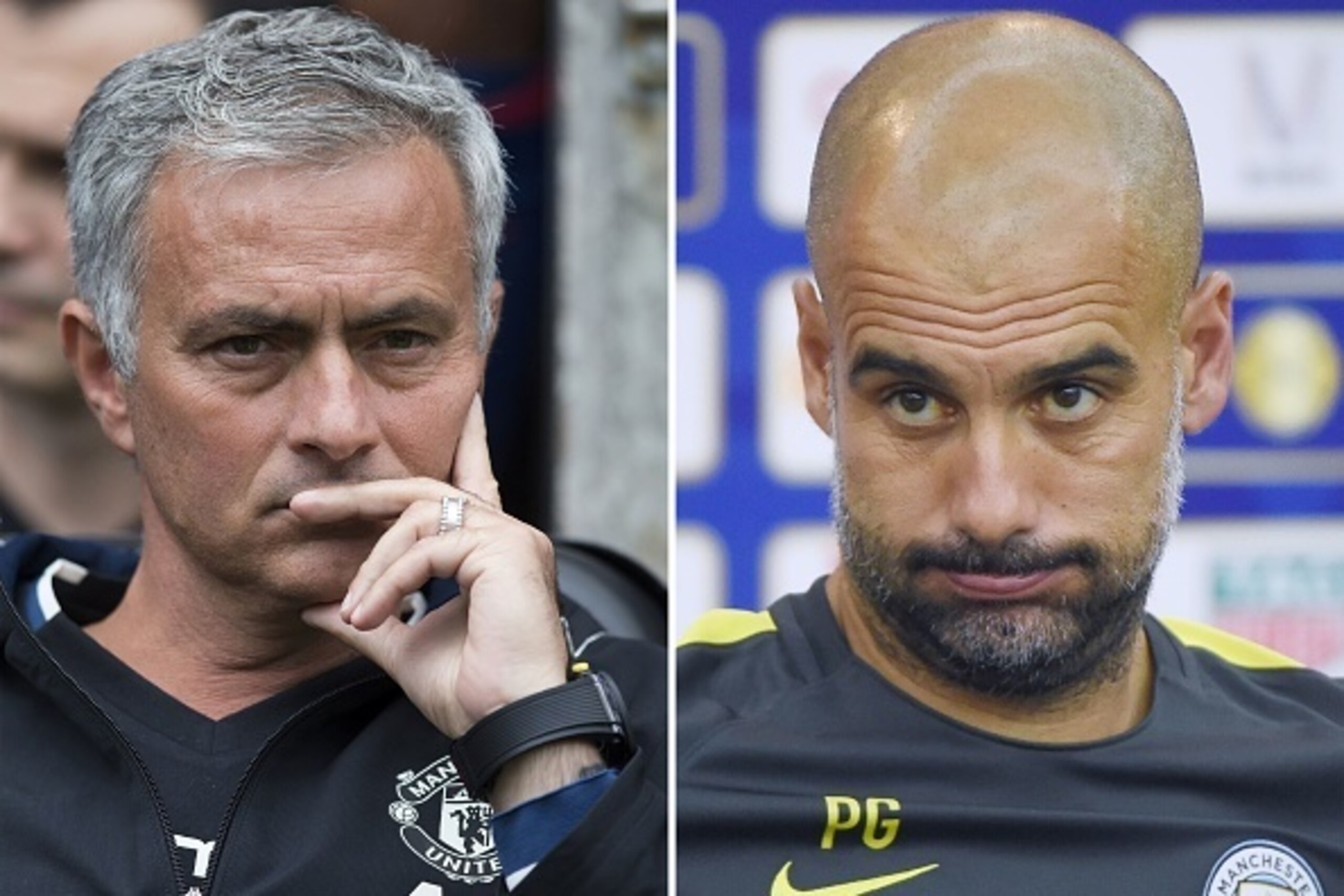A combo created in London on August 8, 2016 shows Manchester United's Portuguese manager Jose Mourinho watching his players ahead of the pre-season friendly football match between Wigan Athletic and Manchester United at the DW stadium in Wigan, northwest 