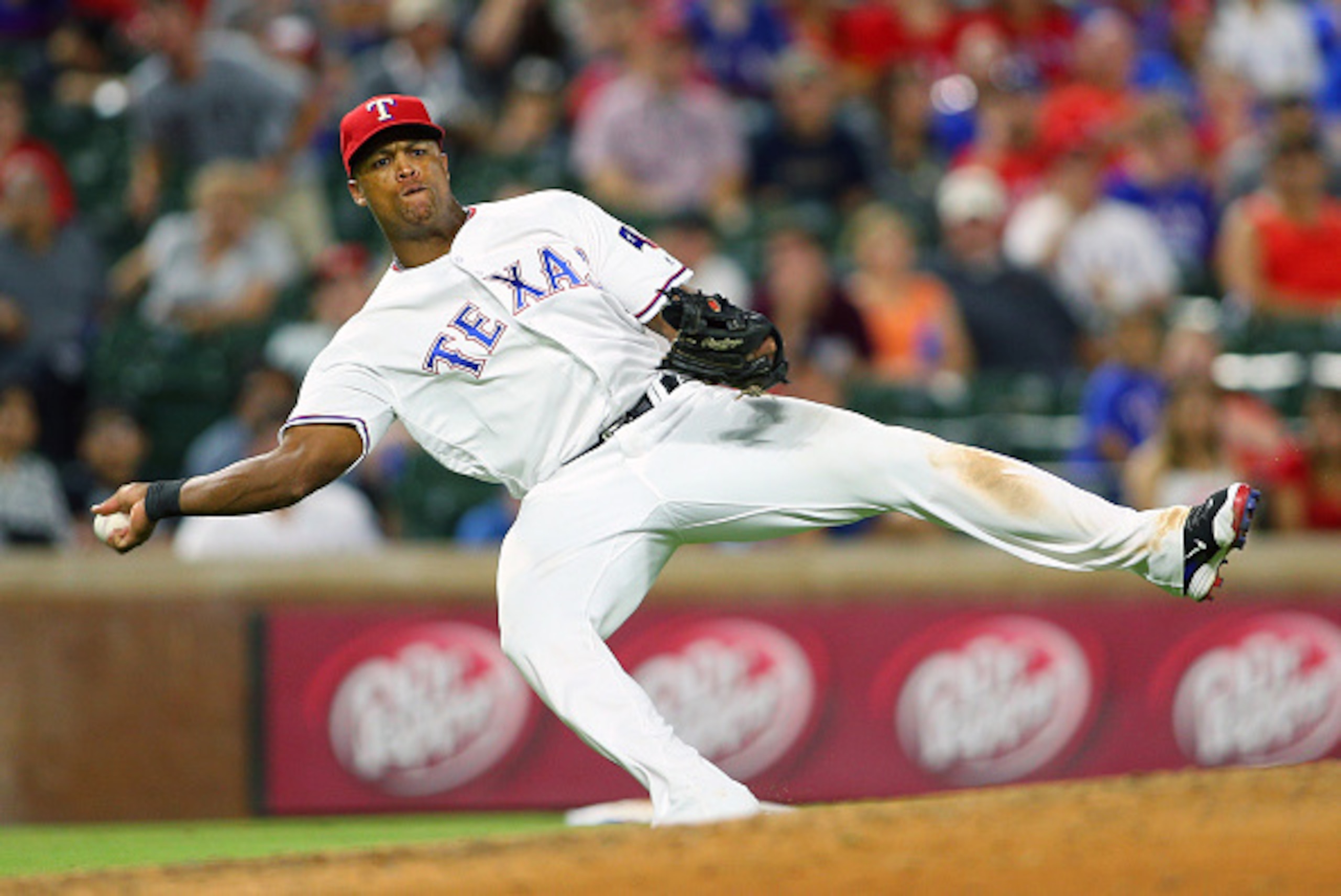 ARLINGTON, TX - AUGUST 15: Adrian Beltre #29 of the Texas Rangers throws the runner out in the ninth inning against the Oakland Athletics at Globe Life Park in Arlington on August 15, 2016 in Arlington, Texas. (Photo by Rick Yeatts/Getty Images)