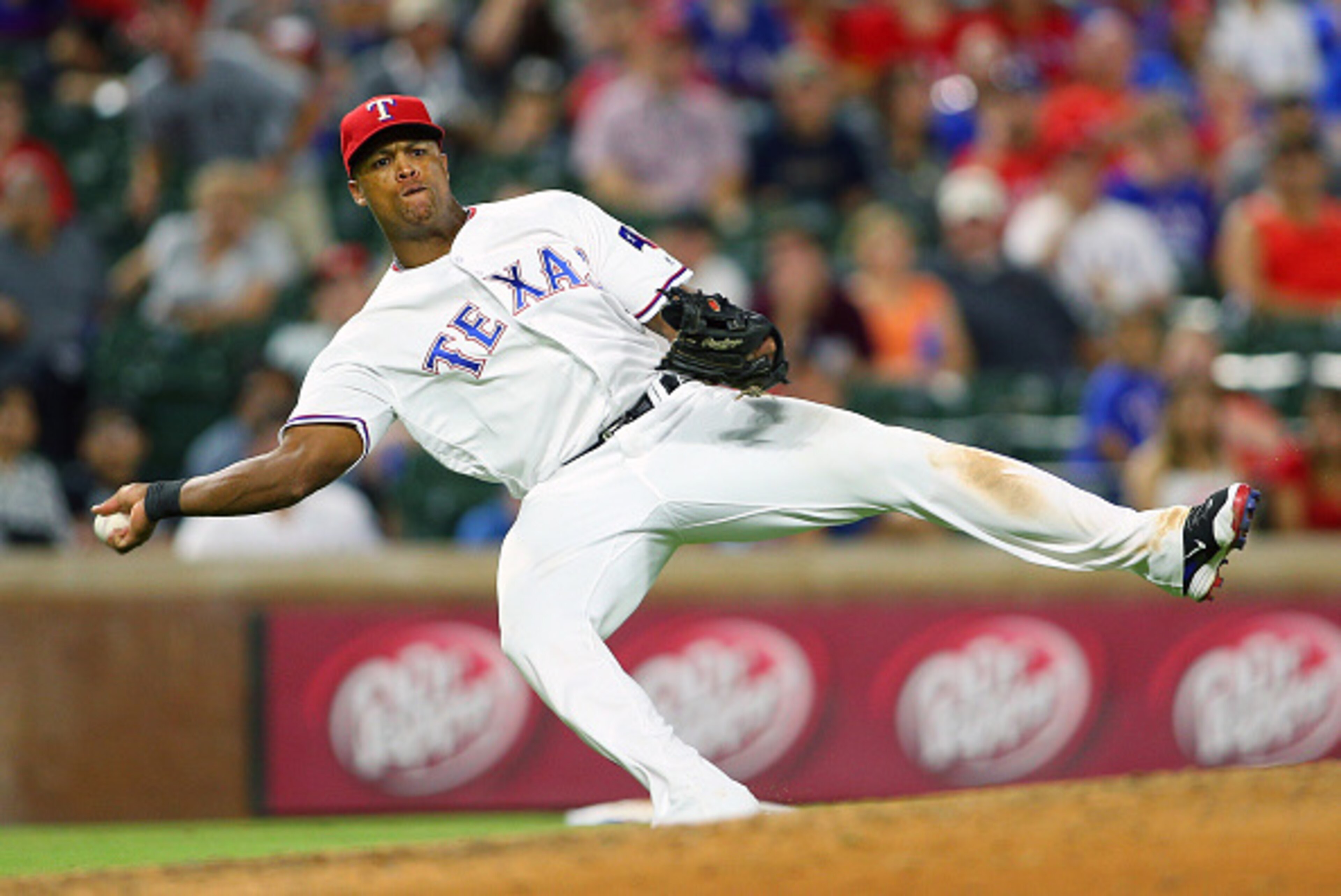 ARLINGTON, TX - AUGUST 15: Adrian Beltre #29 of the Texas Rangers throws the runner out in the ninth inning against the Oakland Athletics at Globe Life Park in Arlington on August 15, 2016 in Arlington, Texas. (Photo by Rick Yeatts/Getty Images)