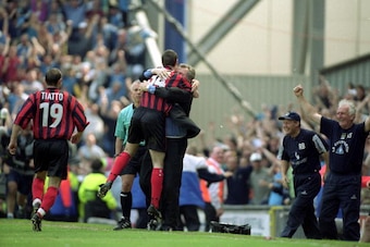 7 May 2000:  Manchester City manager Joe Royle celebrates a goal against Blackburn Rovers during the Nationwide League Division One match at Ewood Park in Blackburn, England. \ Mandatory Credit: Ross Kinnaird /Allsport