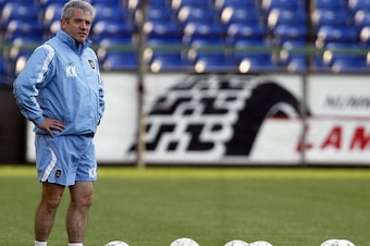 LOKEREN, BELGIUM - OCTOBER 14:  Kevin Keegan, the manager of Manchester City, looks on during a training session ahead of the UEFA Cup first round, second-leg match against Sporting Lokeren at the Daknamstraat Stadium on October 14, 2003 in Lokeren, Belgi
