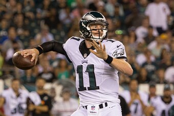 PHILADELPHIA, PA - AUGUST 11: Carson Wentz #11 of the Philadelphia Eagles plays against the Tampa Bay Buccaneers at Lincoln Financial Field on August 11, 2016 in Philadelphia, Pennsylvania. The Eagles defeated the Buccaneers 17-9. (Photo by Mitchell Leff/