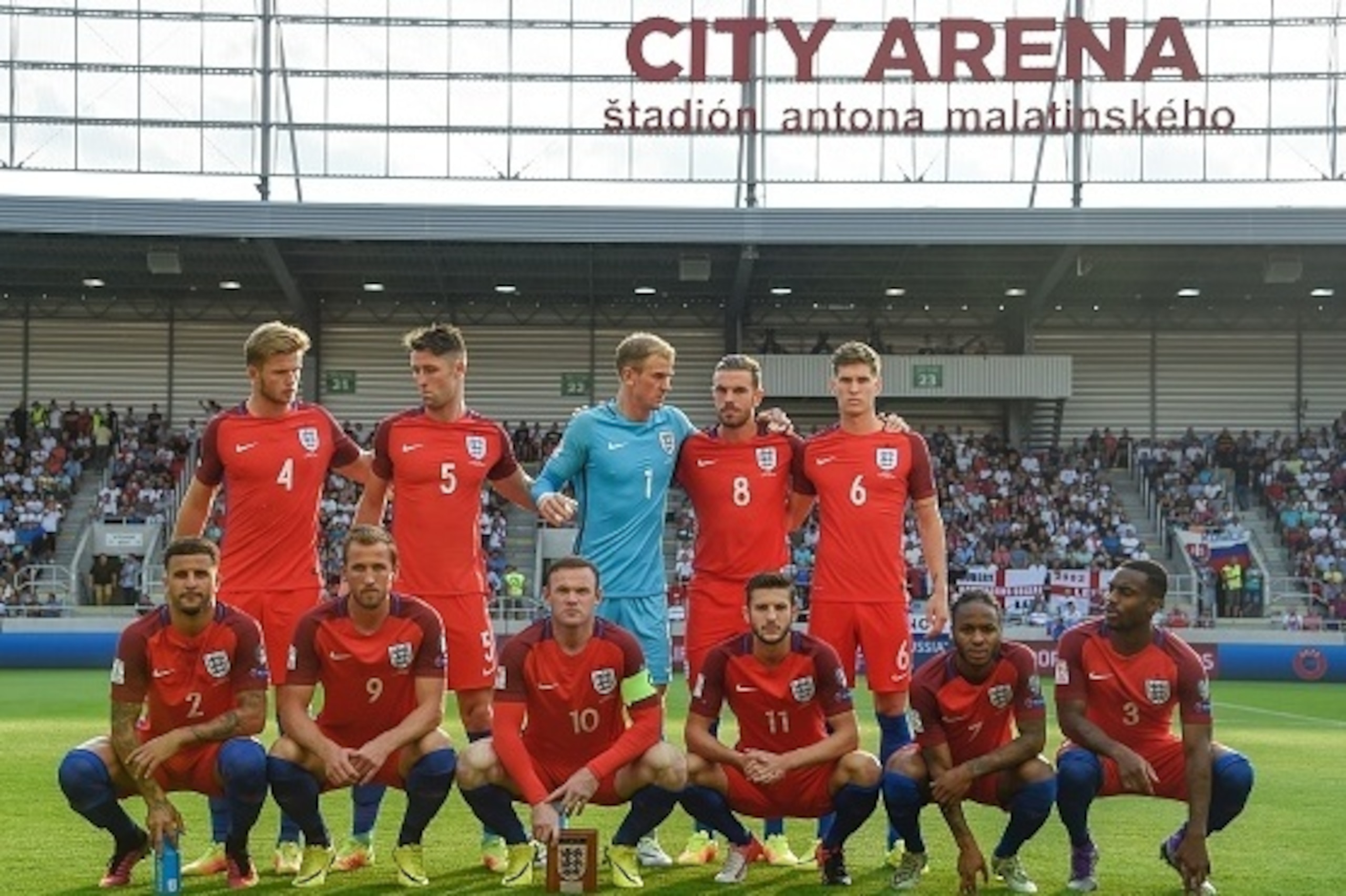 (Back row L to R) England's midfielder Eric Dier, England's defender Gary Cahill, England's goalkeeper Joe Hart, England's midfielder Jordan Henderson and England's defender John Stones, (front row L to R) England's defender Kyle Walker, England's forward