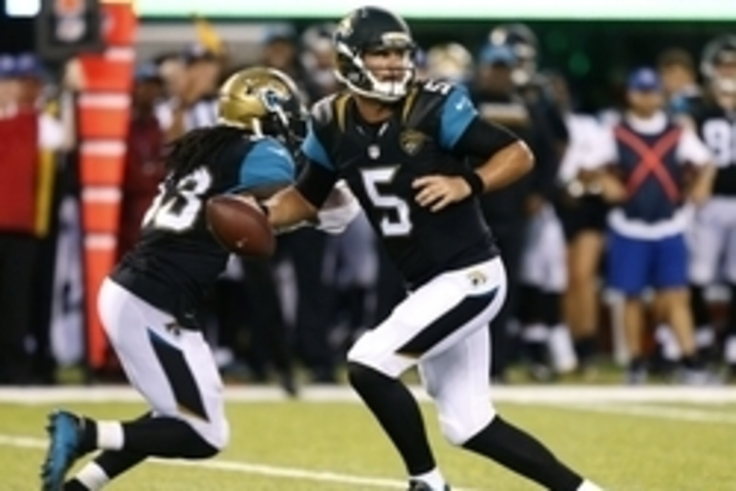 Aug 11, 2016; East Rutherford, NJ, USA;  Jacksonville Jaguars quarterback Blake Bortles (5) drops back to pass against the New York Jets during first half at MetLife Stadium. Mandatory Credit: Noah K. Murray-USA TODAY Sports