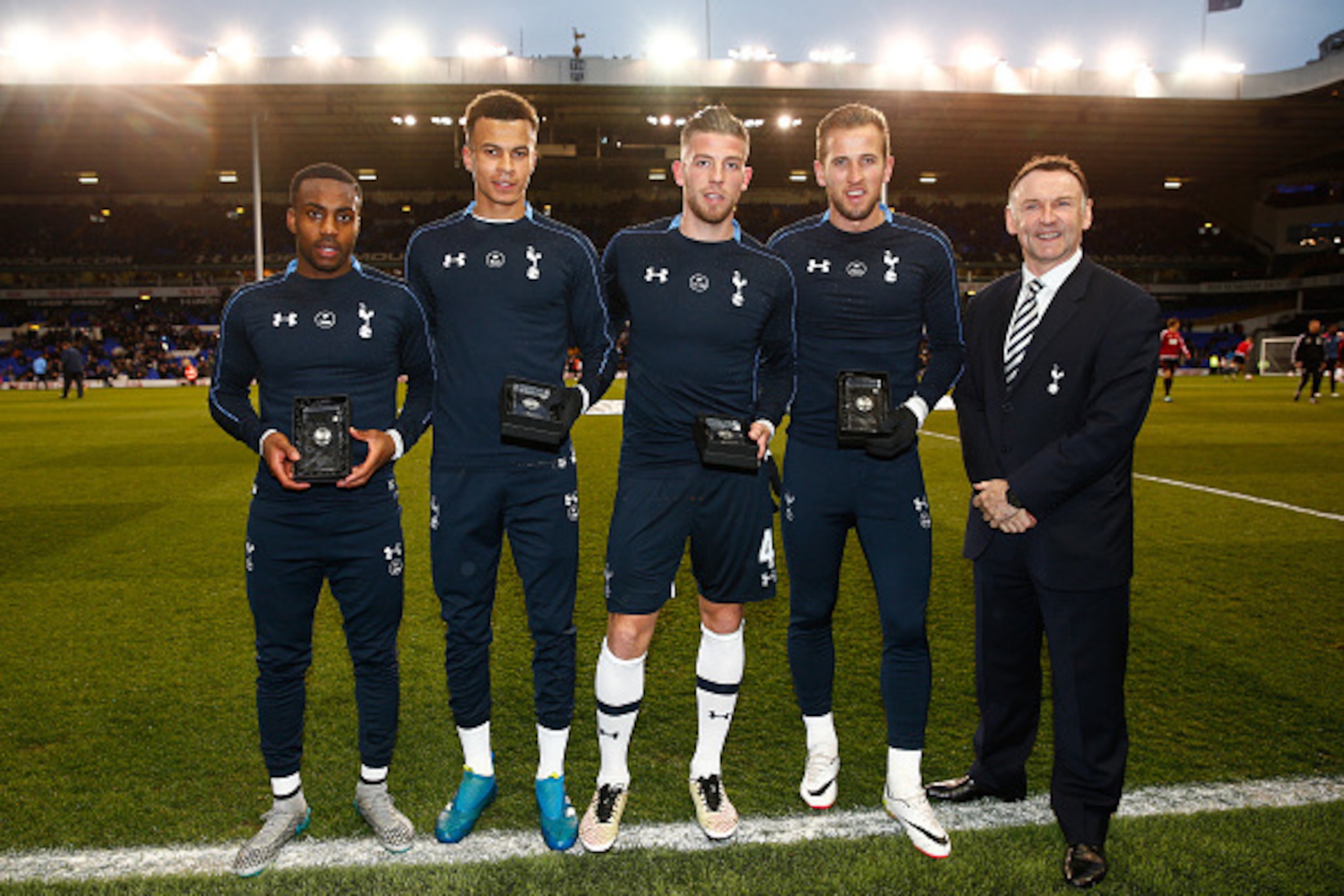 LONDON, ENGLAND - APRIL 25:  (L-R) PFA Player of The Year nominees Danny Rose, Dele Alli, Toby Alderweireld and Harry Kane pose alongside Paul Allen prior to kickoff during the Barclays Premier League match between Tottenham Hotspur and West Bromwich Albi