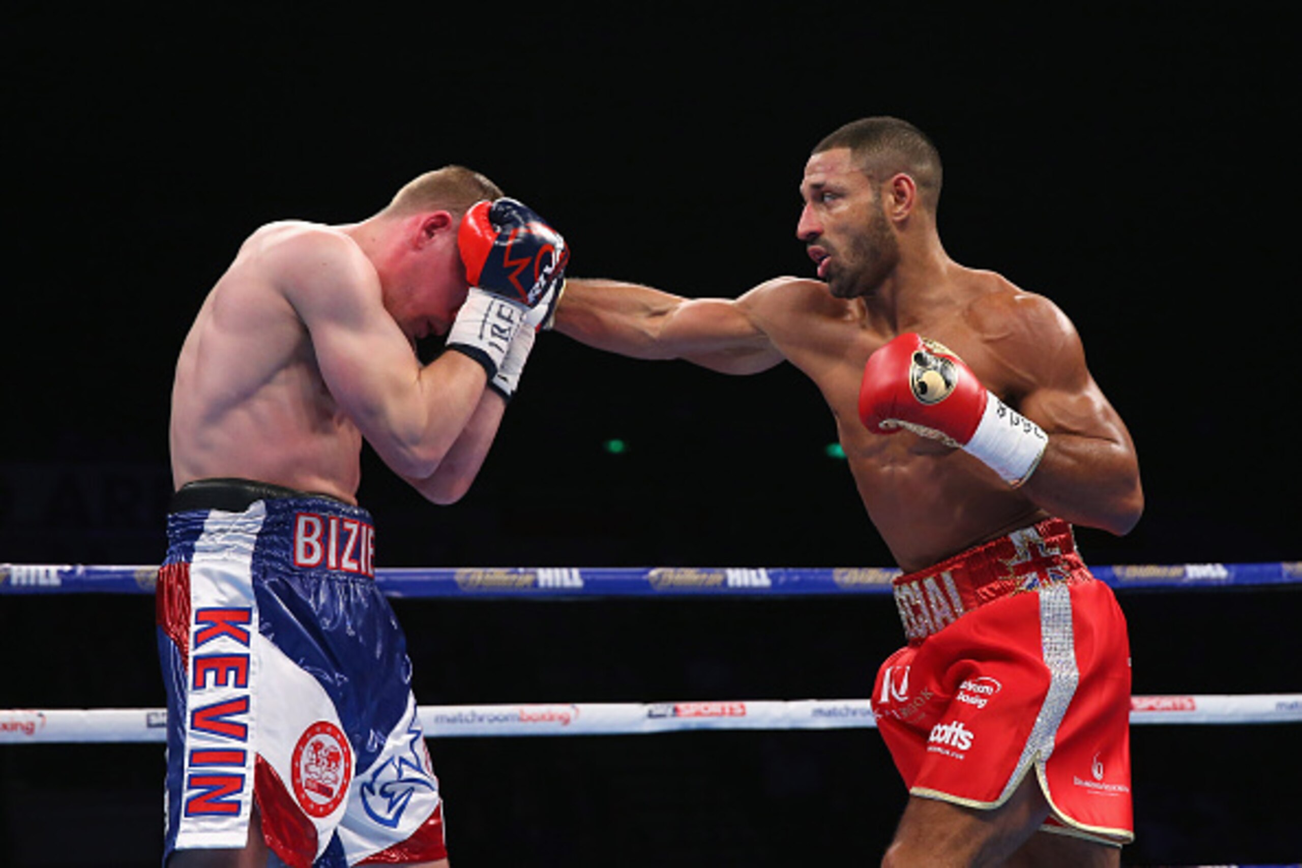 SHEFFIELD, ENGLAND - MARCH 26:  Kell Brook lands a right shot on Kevin Bizier during the IBF World Welterweight Championship between Kell Brook and Kevin Bizier at Sheffield Arena on March 26, 2016 in Sheffield, England.  (Photo by Alex Livesey/Getty Imag
