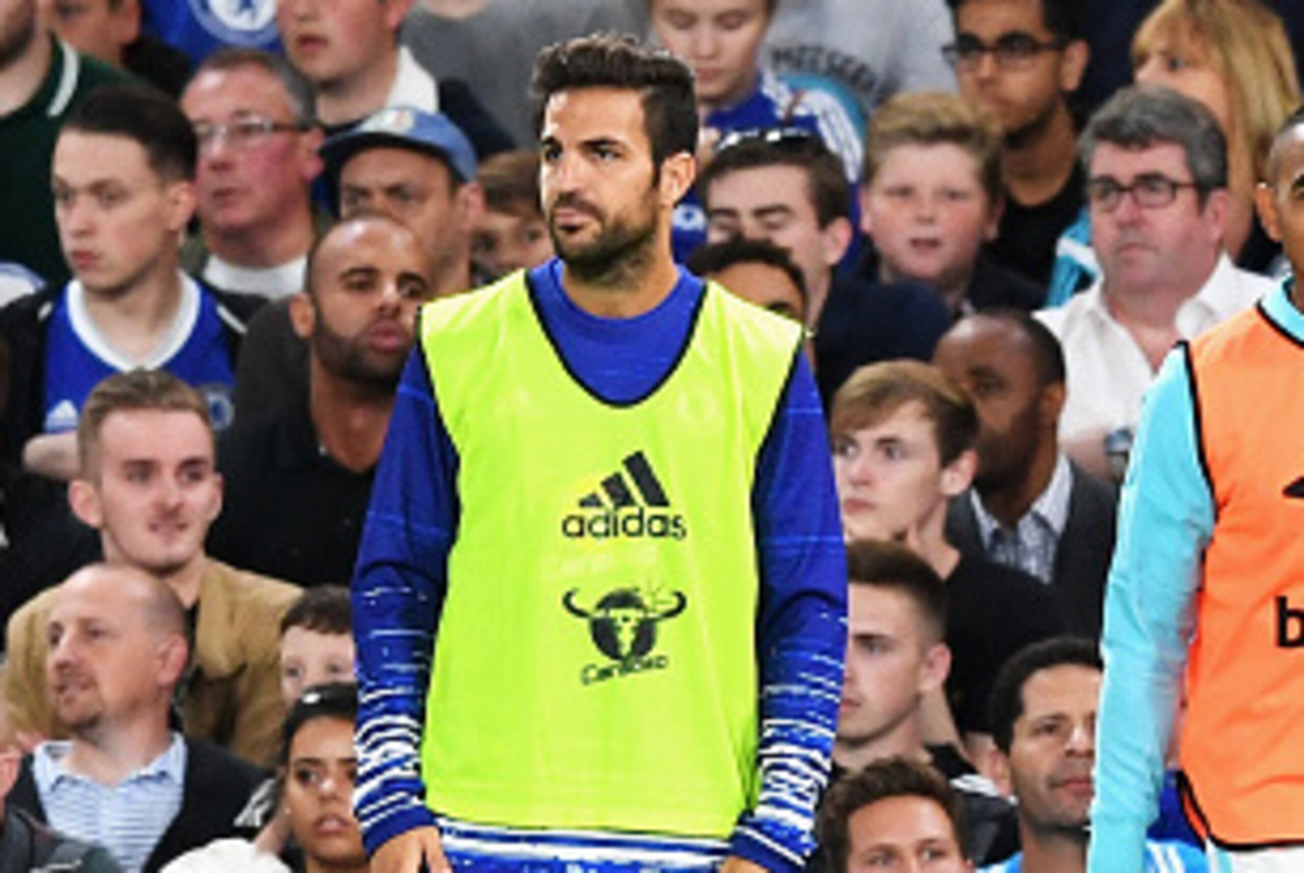 LONDON, ENGLAND - AUGUST 15:  Cesc Fabregas of Chelsea looks on from the sidelines with Dimitri Payet of West Ham United during the Premier League match between Chelsea and West Ham United at Stamford Bridge on August 15, 2016 in London, England.  (Photo 