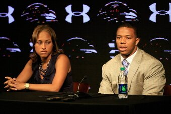 OWINGS MILLS, MD - MAY 23:  Running back Ray Rice of the Baltimore Ravens addresses a news conference with his wife Janay at the Ravens training center on May 23, 2014 in Owings Mills, Maryland. Rice spoke publicly for the first time since facing felony a