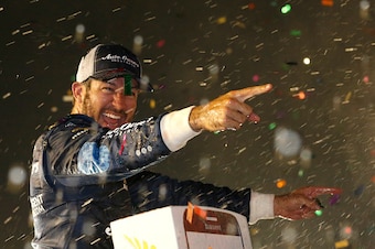 DARLINGTON, SC - SEPTEMBER 04:  Martin Truex, Jr., driver of the #78 Auto-Owners Insurance Toyota, celebrates in Victory Lane after winning the NASCAR Sprint Cup Series Bojangles' Southern 500 at Darlington Raceway on September 4, 2016 in Darlington, Sout