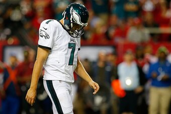 ATLANTA, GA - SEPTEMBER 14:  Sam Bradford #7 of the Philadelphia Eagles reacts after an interception during the first half against the Atlanta Falcons at the Georgia Dome on September 14, 2015 in Atlanta, Georgia.  (Photo by Kevin C. Cox/Getty Images)