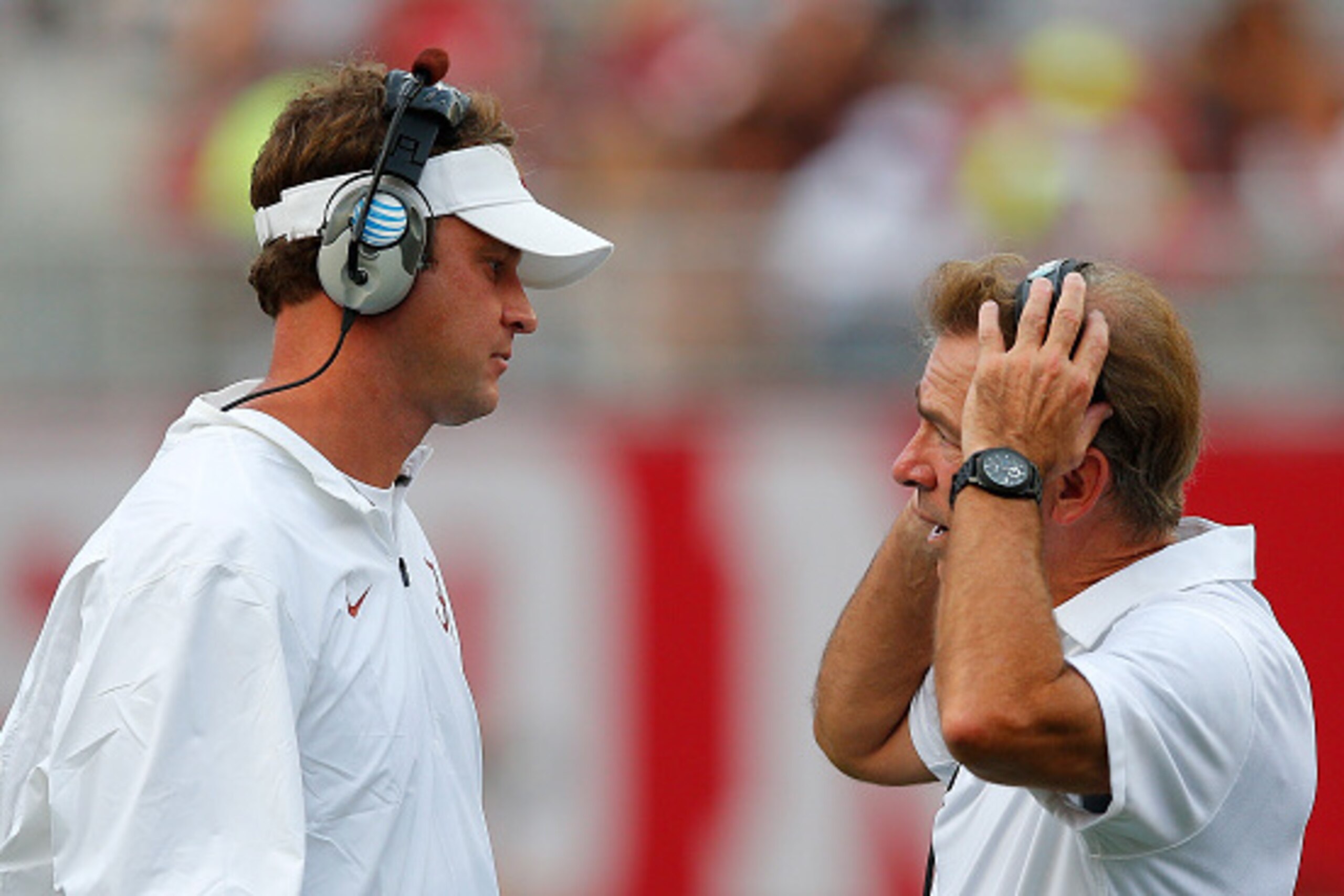 TUSCALOOSA, AL - SEPTEMBER 26:  Head coach Nick Saban of the Alabama Crimson Tide and offensive coordinator Lane Kiffin converse against the Louisiana Monroe Warhawks at Bryant-Denny Stadium on September 26, 2015 in Tuscaloosa, Alabama.  (Photo by Kevin C