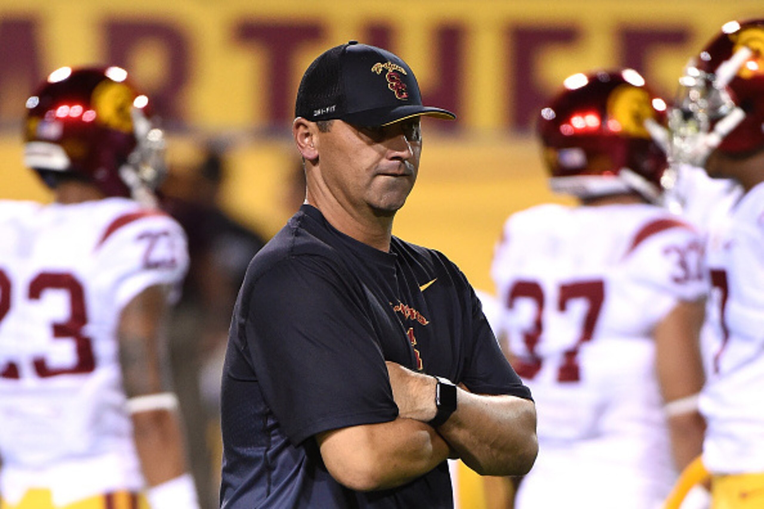 TEMPE, AZ - SEPTEMBER 26:  Head coach Steve Sarkisian of the Southern California Trojans watches warm ups prior to a game against the Arizona State University Sun Devils at Sun Devil Stadium on September 26, 2015 in Tempe, Arizona.  (Photo by Norm Hall/Ge
