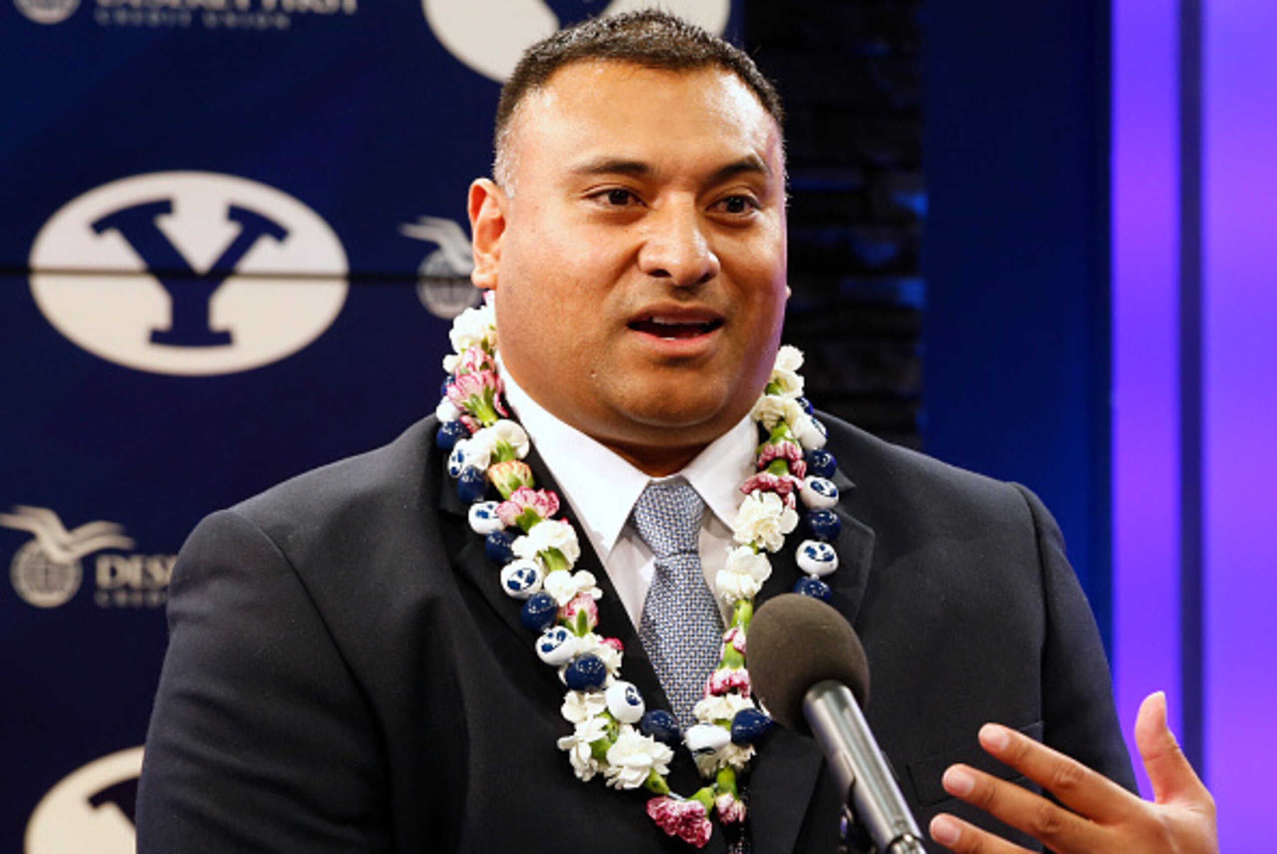 PROVO, UT - DECEMBER 21: Brigham Young University new head football coach, Kalani Sitake talks to the press on December 21, 2015 in Provo, Utah. Stake who played for BYU in the 90's will become BYU's 13 head coach. (Photo by George Frey/Getty Images)