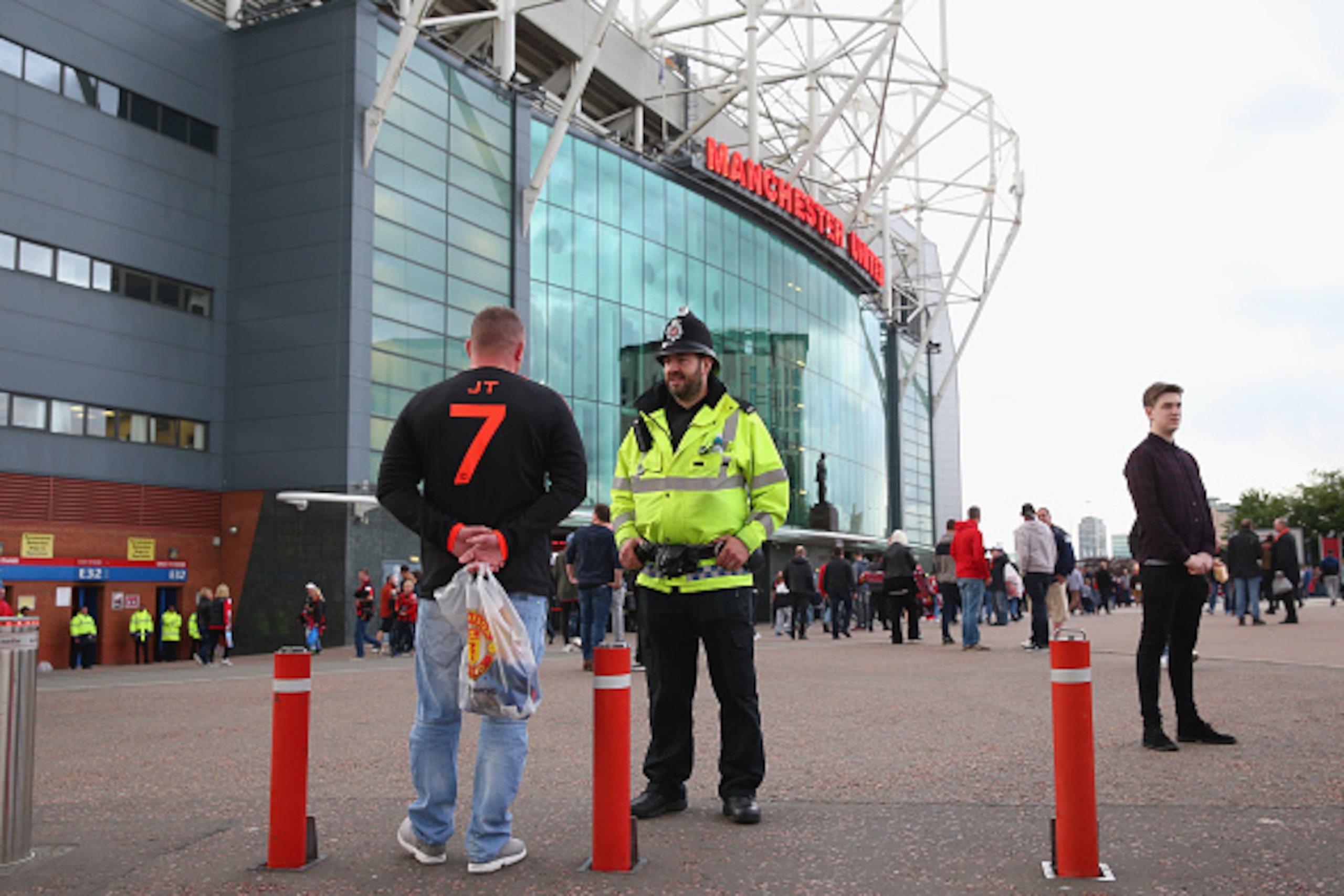 MANCHESTER, ENGLAND - MAY 17:  Police units patrol outside Old Trafford prior to the Barclays Premier League match between Manchester United and A.F.C. Bournemouth at Old Trafford on May 17, 2016 in Manchester, England.  (Photo by Alex Livesey/Getty Image