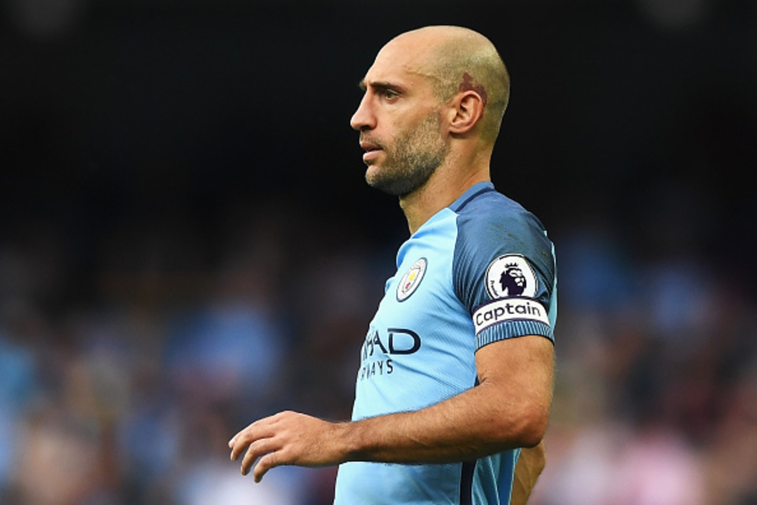 MANCHESTER, ENGLAND - AUGUST 28: Pablo Zabaleta of Manchester City wears the captain's armband during the Premier League match between Manchester City and West Ham United at Etihad Stadium on August 28, 2016 in Manchester, England.  (Photo by Gareth Cople