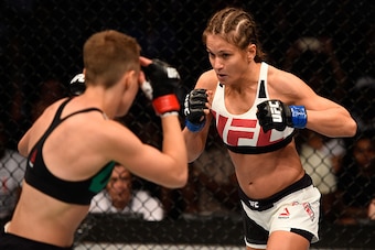 ATLANTA, GA - JULY 30:  (R-L) Karolina Kowalkiewicz circles Rose Namajunas in their women's strawweight bout during the UFC 201 event on July 30, 2016 at Philips Arena in Atlanta, Georgia. (Photo by Jeff Bottari/Zuffa LLC/Zuffa LLC via Getty Images)
