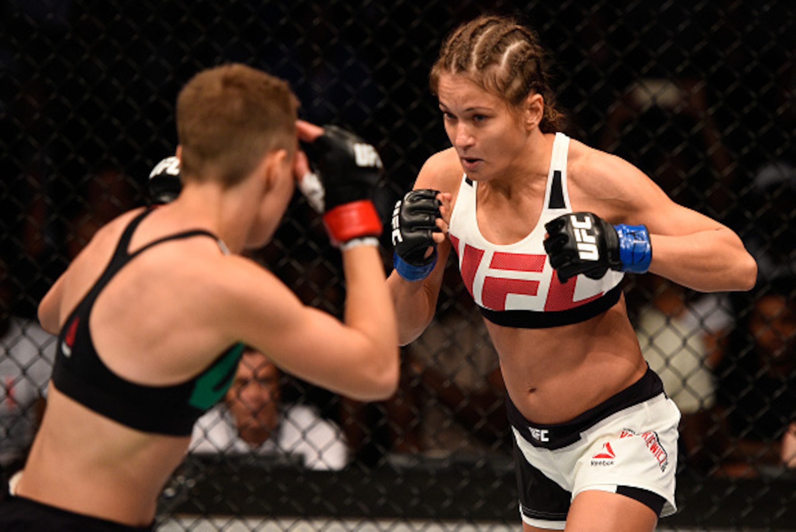 ATLANTA, GA - JULY 30:  (R-L) Karolina Kowalkiewicz circles Rose Namajunas in their women's strawweight bout during the UFC 201 event on July 30, 2016 at Philips Arena in Atlanta, Georgia. (Photo by Jeff Bottari/Zuffa LLC/Zuffa LLC via Getty Images)