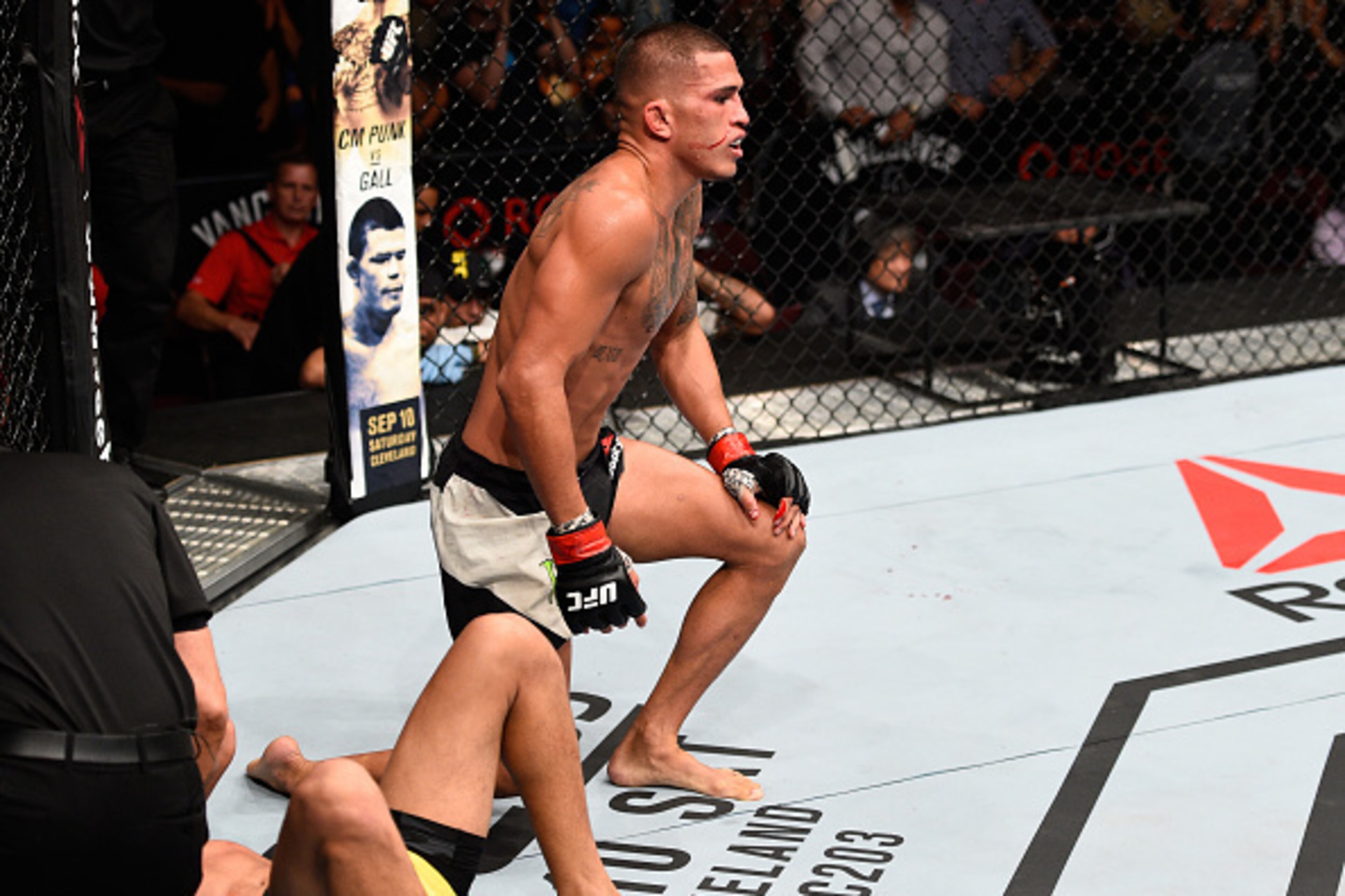 VANCOUVER, BC - AUGUST 27: (R-L) Anthony Pettis of the United States submits Charles Oliveira of Brazil in their featherweight bout during the UFC Fight Night event at Rogers Arena on August 27, 2016 in Vancouver, British Columbia, Canada. (Photo by Jeff VANCOUVER, BC - AUGUST 27: (R-L) Anthony Pettis of the United States submits Charles Oliveira of Brazil in their featherweight bout during the UFC Fight Night event at Rogers Arena on August 27, 2016 in Vancouver, British Columbia, Canada. (Photo by Jeff