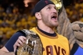 May 17, 2016; Cleveland, OH, USA; UFC heavyweight champion Stipe Miocic makes an appearance in game one of the Eastern conference finals of the NBA Playoffs at Quicken Loans Arena. Mandatory Credit: Ken Blaze-USA TODAY Sports