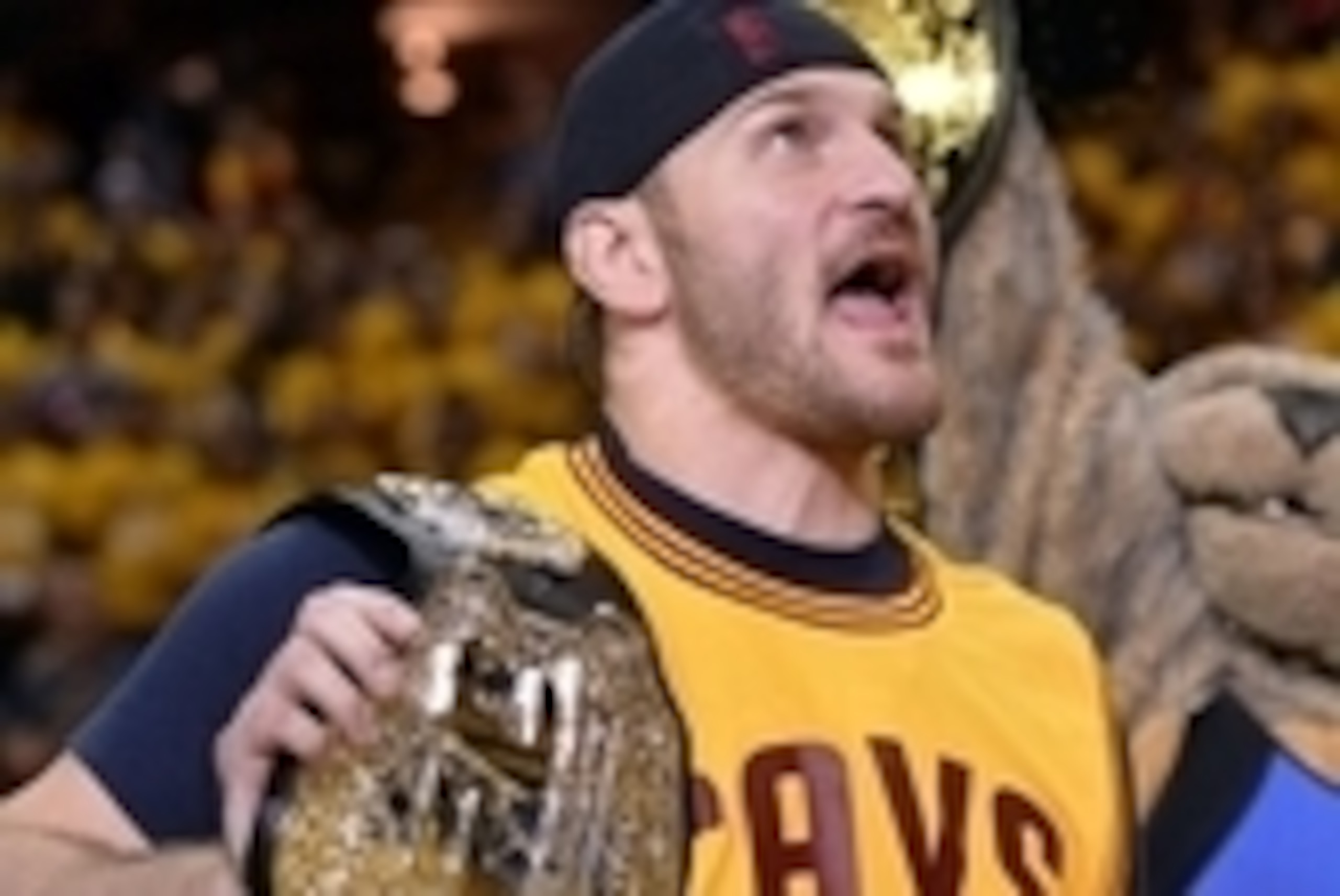 May 17, 2016; Cleveland, OH, USA; UFC heavyweight champion Stipe Miocic makes an appearance in game one of the Eastern conference finals of the NBA Playoffs at Quicken Loans Arena. Mandatory Credit: Ken Blaze-USA TODAY Sports