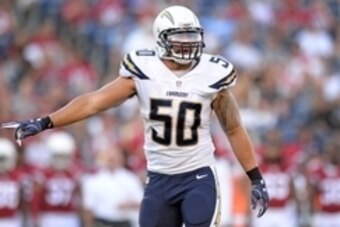 Aug 19, 2016; San Diego, CA, USA;  San Diego Chargers inside linebacker Manti Te'o (50) gestures during the first quarter against the Arizona Cardinals at Qualcomm Stadium. Mandatory Credit: Jake Roth-USA TODAY Sports