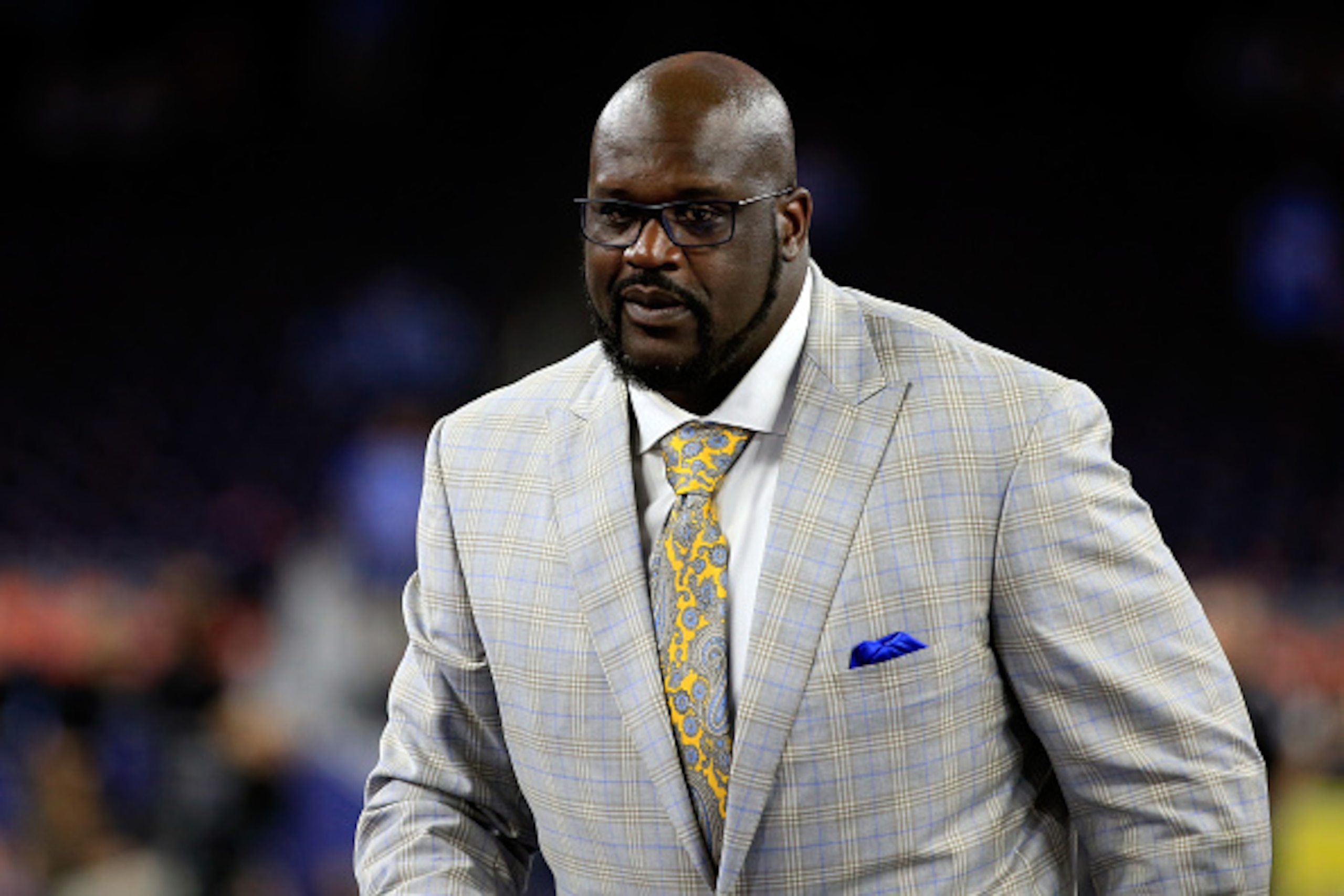 HOUSTON, TEXAS - APRIL 04:  Former NBA player and commentator Shaquille O'Neal looks on prior to the 2016 NCAA Men's Final Four National Championship game between the Villanova Wildcats and the North Carolina Tar Heels at NRG Stadium on April 4, 2016 in H