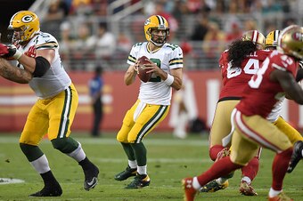 SANTA CLARA, CA - AUGUST 26:  Quarterback Aaron Rodgers #12 of the Green Bay Packers drops back to pass against the San Francisco 49ers in the first half of their preseason football game at Levi's Stadium on August 26, 2016 in Santa Clara, California.  (P