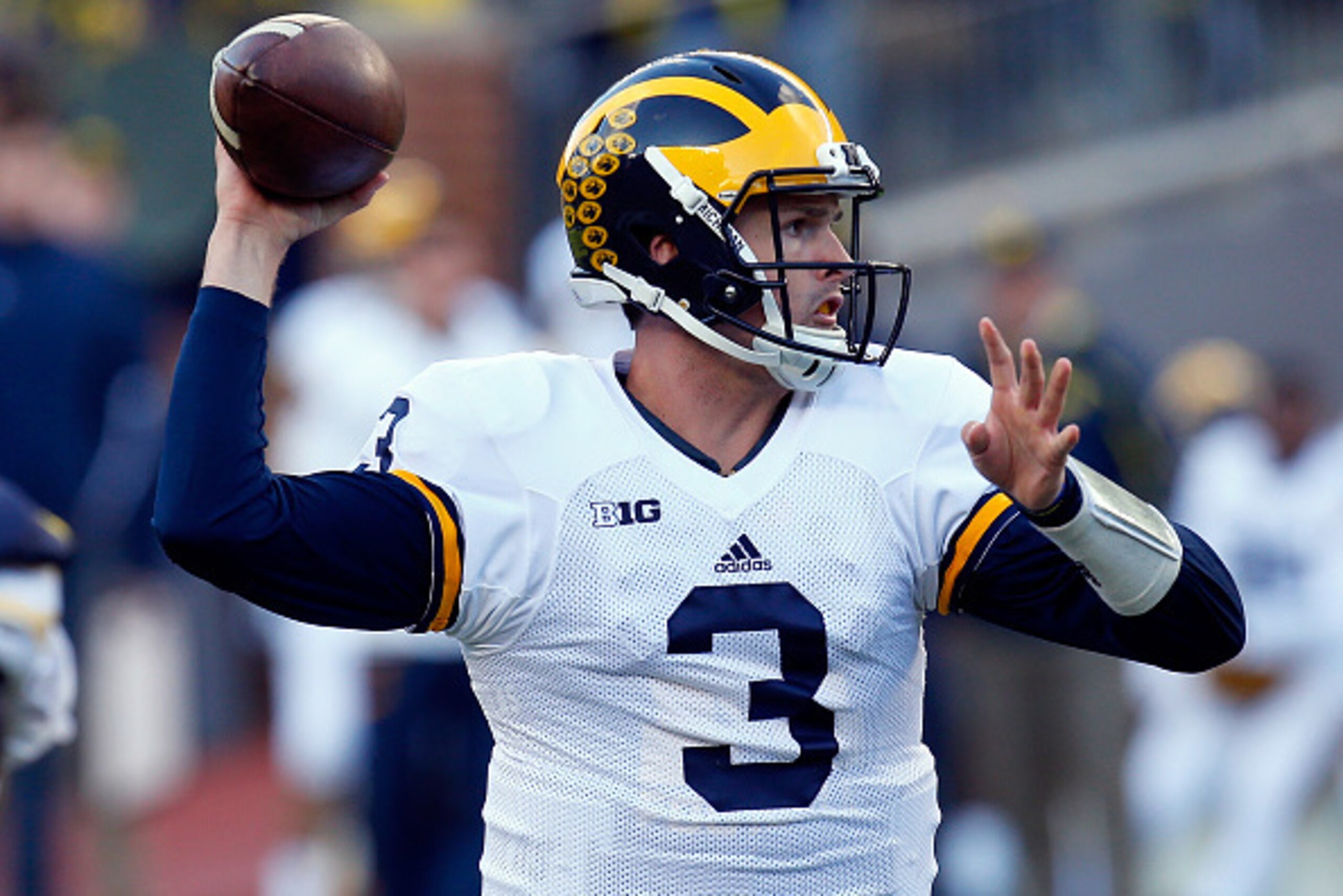 ANN ARBOR, MI - APRIL 01: Wilton Speight #3 of the Michigan Wolverines throws a pass during the Michigan Football Spring Game on April 1, 2016 at Michigan Stadium in Ann Arbor, Michigan.  (Photo by Gregory Shamus/Getty Images)