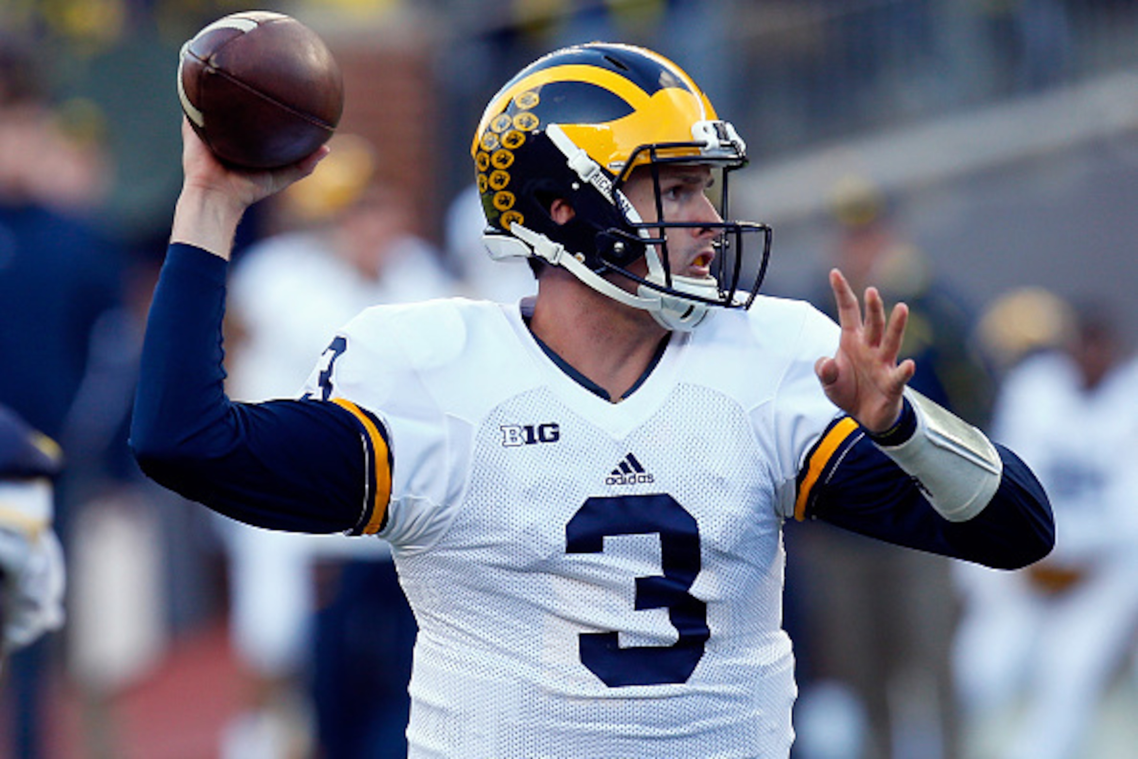 ANN ARBOR, MI - APRIL 01: Wilton Speight #3 of the Michigan Wolverines throws a pass during the Michigan Football Spring Game on April 1, 2016 at Michigan Stadium in Ann Arbor, Michigan.  (Photo by Gregory Shamus/Getty Images)