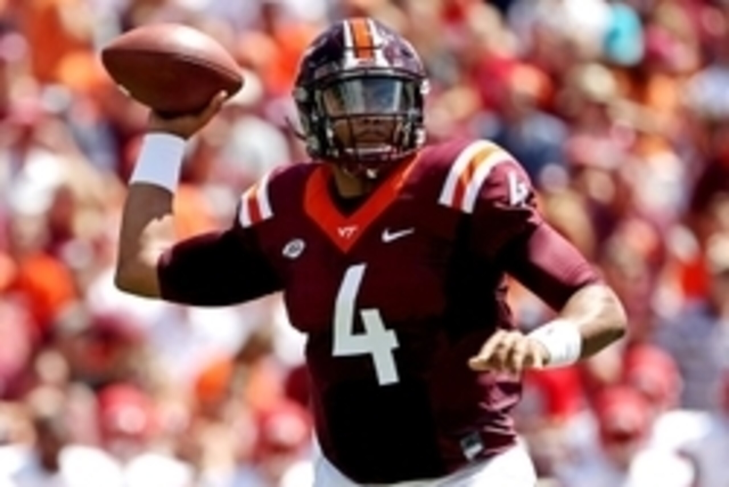 Sep 3, 2016; Blacksburg, VA, USA; Virginia Tech Hokies quarterback Jerod Evans (4) throws a pass during the first quarter against the Liberty Flames at Lane Stadium. Mandatory Credit: Peter Casey-USA TODAY Sports