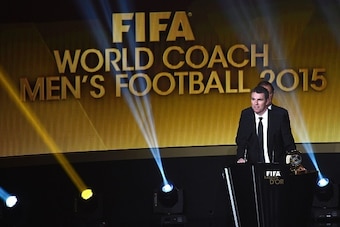 FC Barcelona technical director Robert Fernandez delivers a speech as he accepts for FC Barcelona Spanish coach  Luis Enrique Martinez the 2015 FIFA World Coach of the Year for Mens Football award during the 2015 FIFA Ballon d'Or award ceremony at the Kon