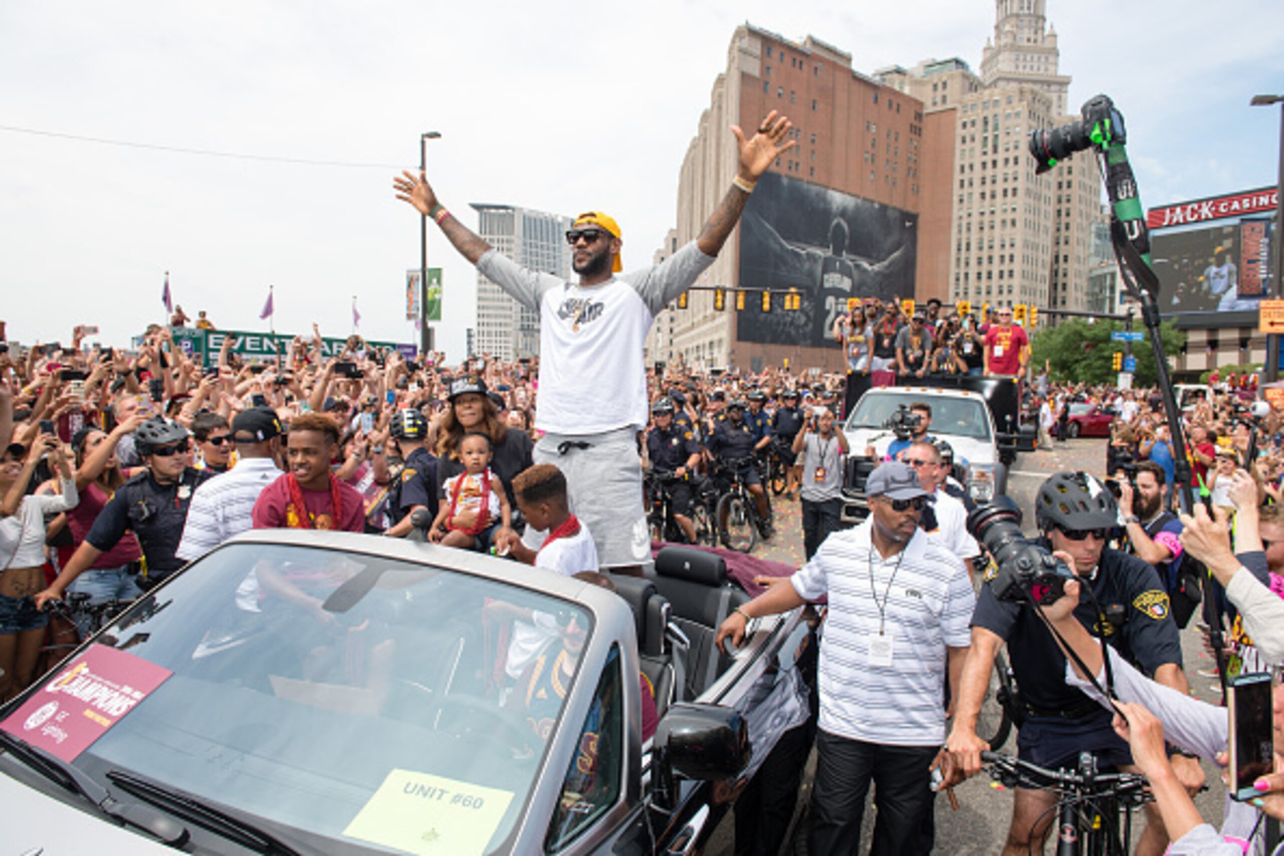 CLEVELAND, OH -  JUNE 22: LeBron James #23 of the Cleveland Cavaliers celebrates during the Cleveland Cavaliers 2016 championship victory parade and rally on June 22, 2016 in Cleveland, Ohio. (Photo by Jason Miller/Getty Images)