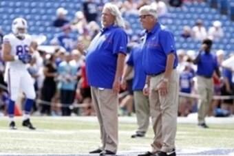 Aug 20, 2016; Orchard Park, NY, USA; Buffalo Bills assistant head coach/defense Rob Ryan (left) and head coach Rex Ryan on the field before the game against the New York Giants at New Era Field. Mandatory Credit: Kevin Hoffman-USA TODAY Sports