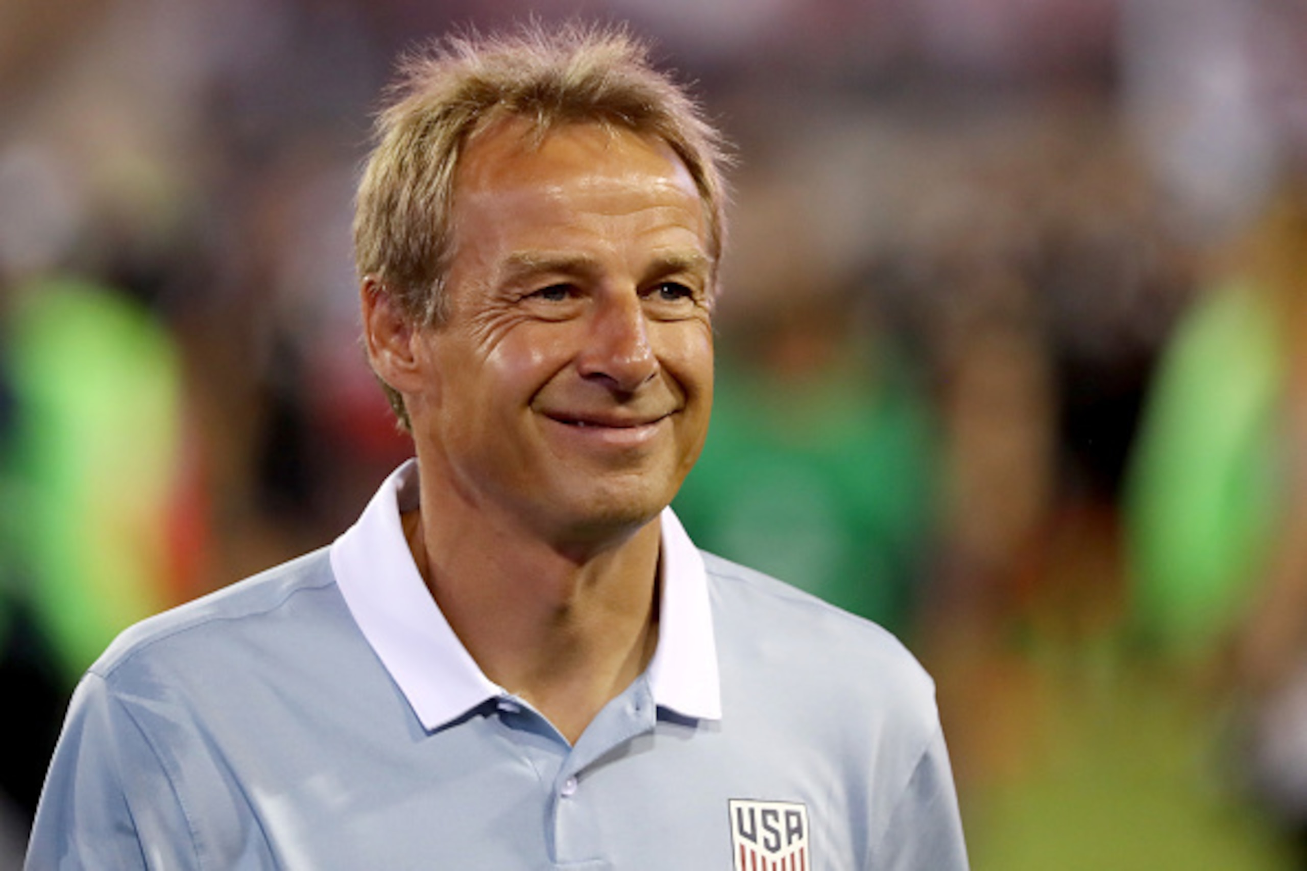 JACKSONVILLE, FL - SEPTEMBER 06:  Head coach Jurgen Klinsmann of the United States smiles following a victory against Trinidad & Tobago during the FIFA 2018 World Cup Qualifier at EverBank Field on September 6, 2016 in Jacksonville, Florida.  (Photo by Sa