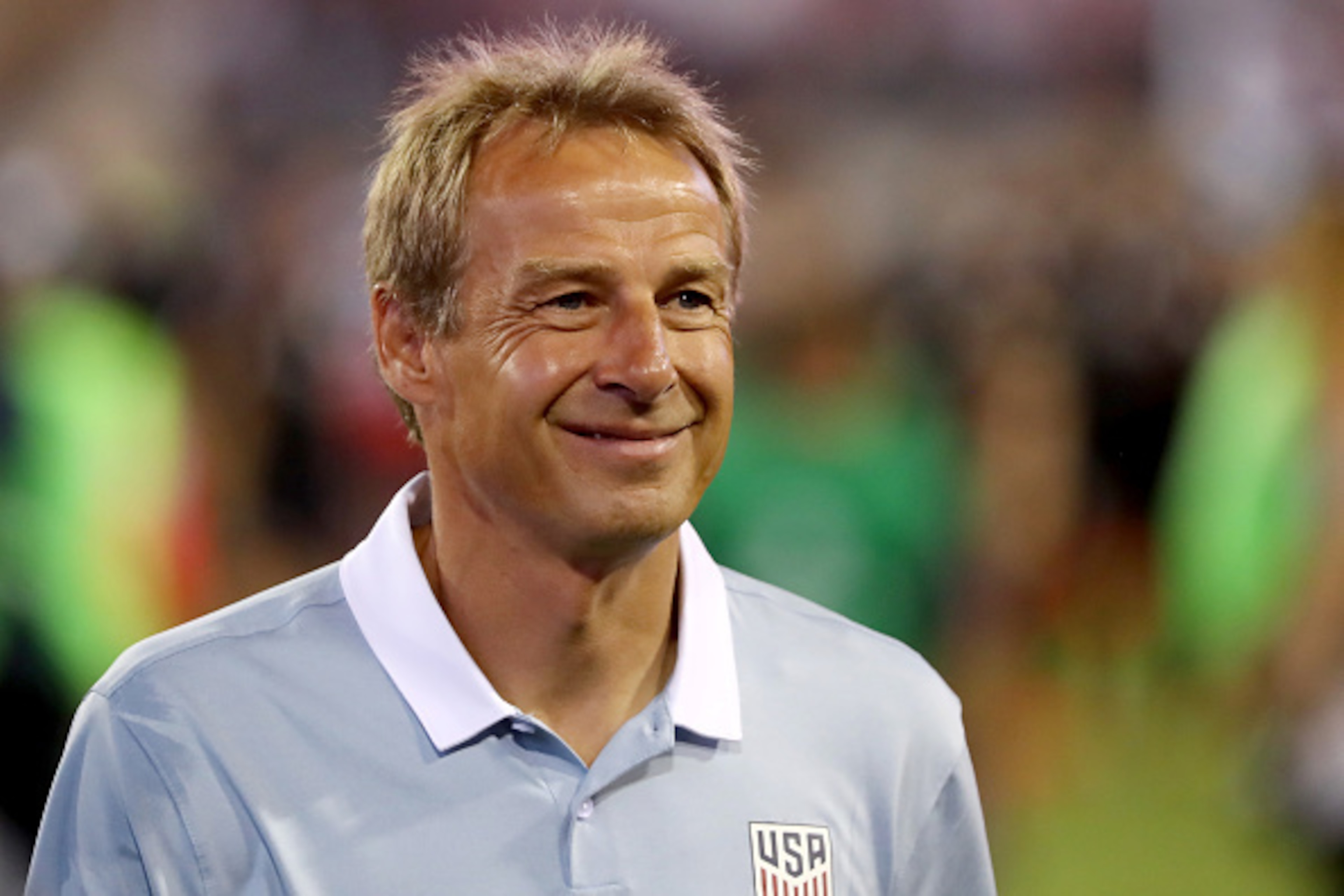 JACKSONVILLE, FL - SEPTEMBER 06:  Head coach Jurgen Klinsmann of the United States smiles following a victory against Trinidad & Tobago during the FIFA 2018 World Cup Qualifier at EverBank Field on September 6, 2016 in Jacksonville, Florida.  (Photo by Sa