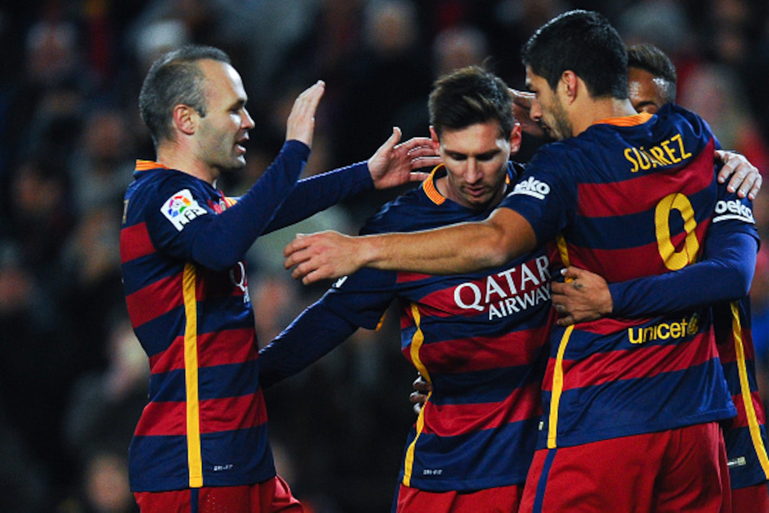 BARCELONA, SPAIN - JANUARY 17:  (L-R) Andres Iniesta, Lionel Messi, Luis Suarez and Neymar of FC Barcelona celebrate after Neymae scored his team's second goal during the La Liga match between FC Barcelona and Athletic Club de Bilbao at Camp Nou on Januar