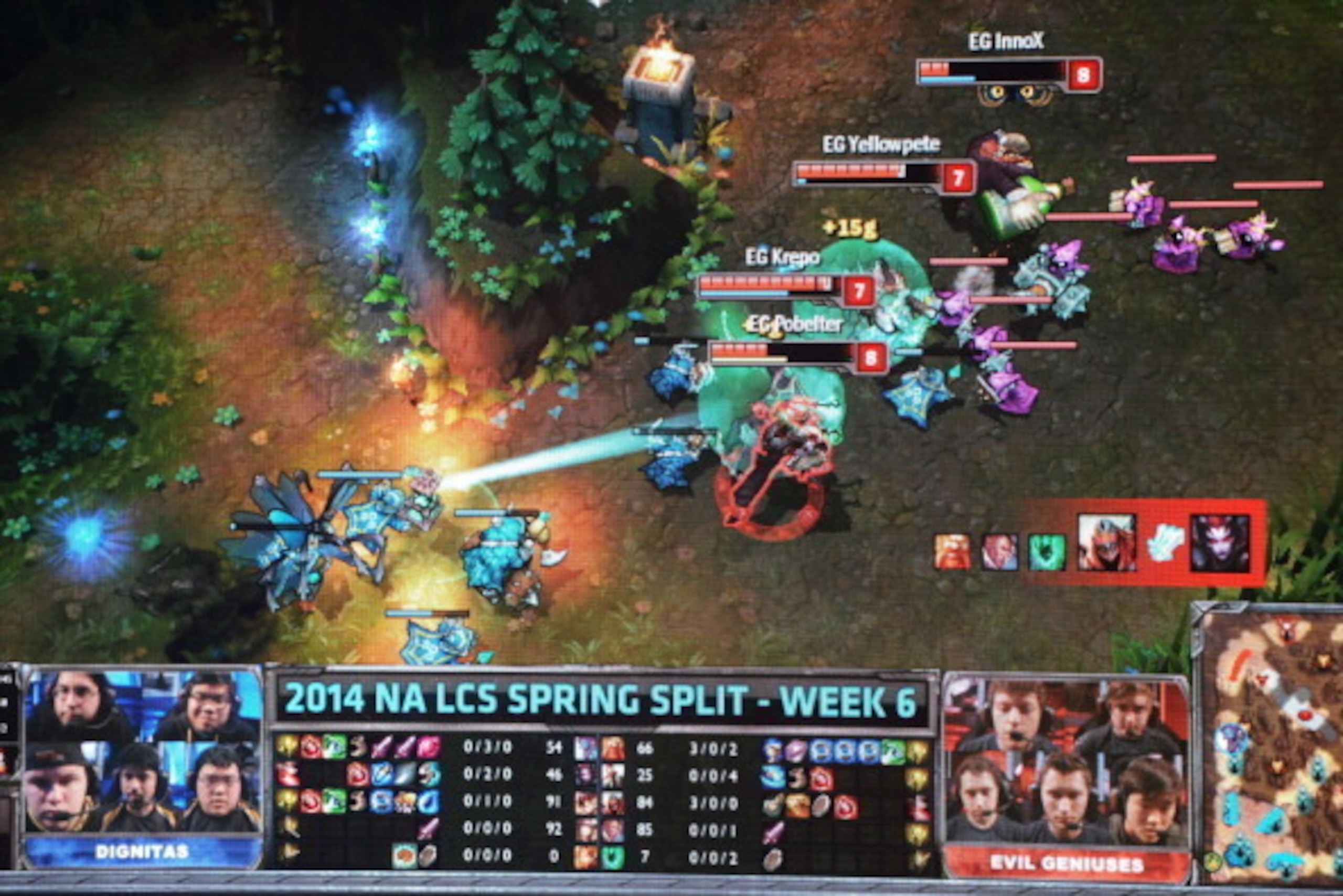A large screen shows the action during a match between League of Legends professional teams 'Dignitas' (L) and 'Evil Genius' (R) during the League of Legends North American Championship Series Spring round robin competition, at the MBS Media Campus in Man