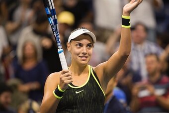 Ana Konjuh of Croatia celebrates victory over Agnieszka Radwanska of Poland  during their 2016 US Open women's singles match at the USTA Billie Jean King National Tennis Center on September 5, 2016 in New York. / AFP / DON EMMERT        (Photo credit shou