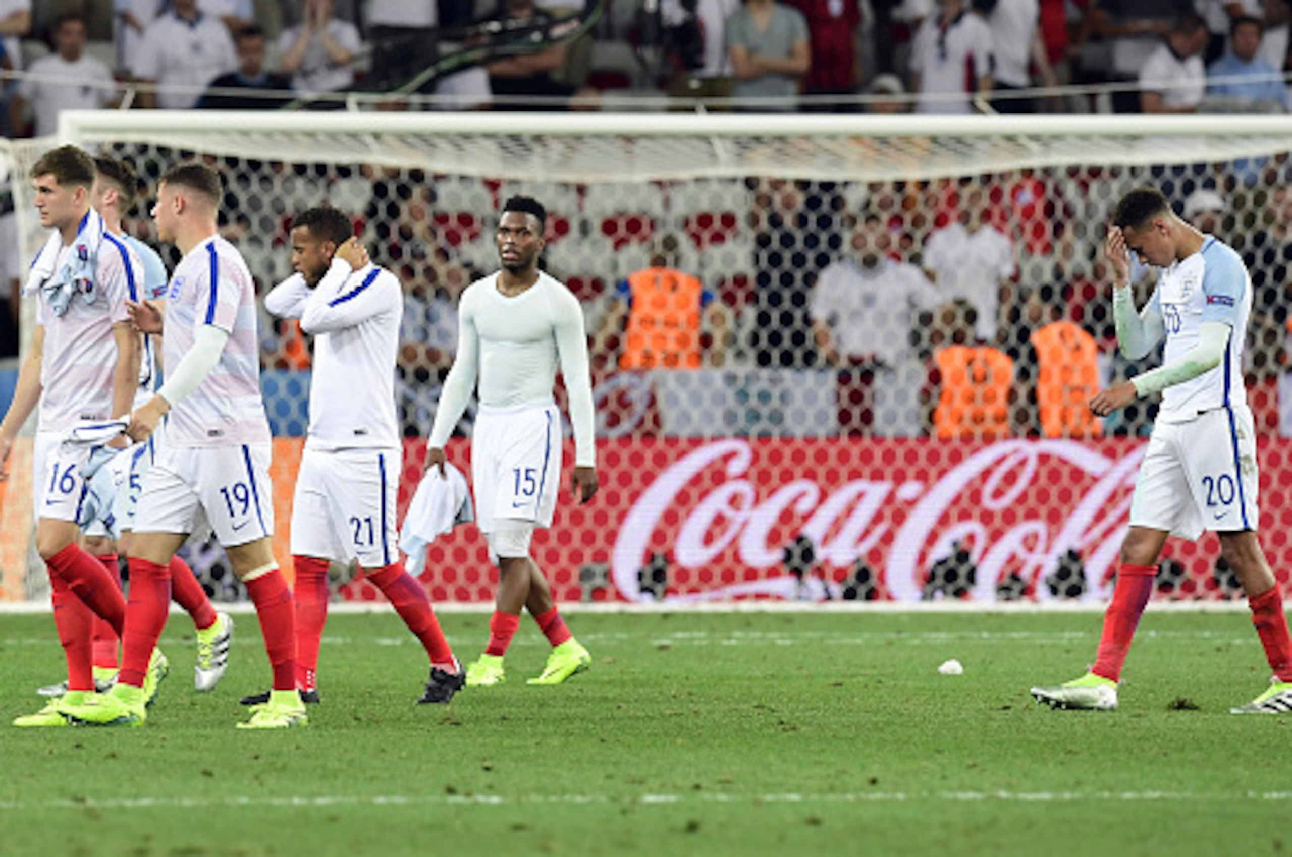 from left : England's defender John Stones, England's defender Gary Cahill, England's midfielder Ross Barkley, England's forward Daniel Sturridge and England's midfielder Dele Alli walks off the pitch after England lost 2-1 to Iceland in the Euro 2016 rou