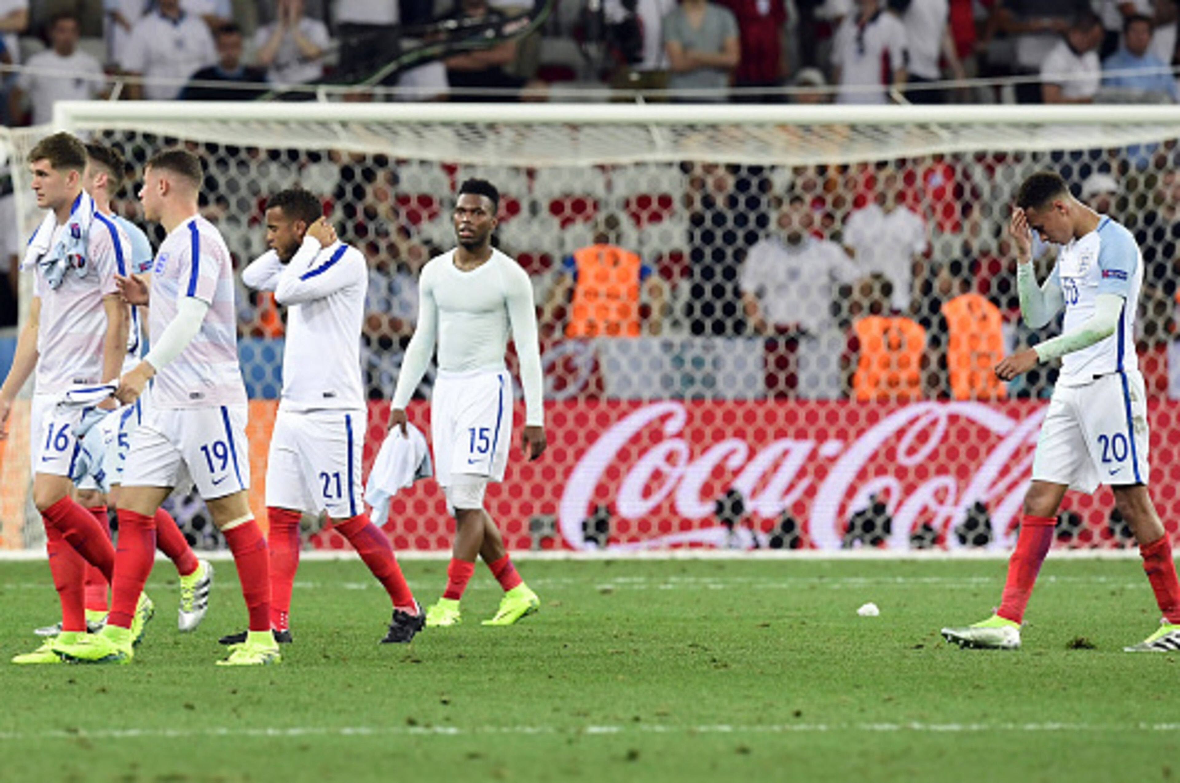 from left : England's defender John Stones, England's defender Gary Cahill, England's midfielder Ross Barkley, England's forward Daniel Sturridge and England's midfielder Dele Alli walks off the pitch after England lost 2-1 to Iceland in the Euro 2016 rou