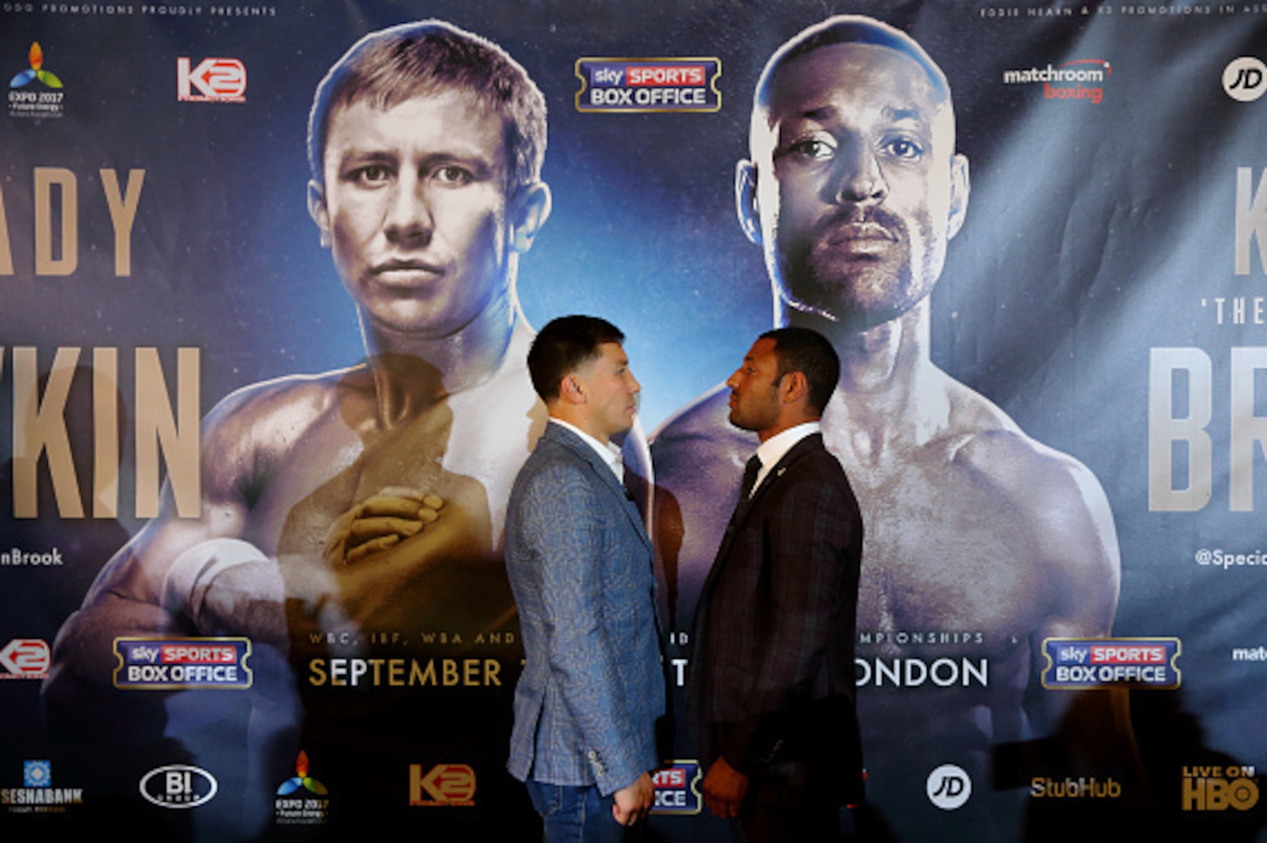 LONDON, ENGLAND - AUGUST 01:  Gennady Golovkin (L) and Kell Brook (R) go head-to-head during the press conference ahead of the fight between Gennady Golovkin and Kell Brook at the Dorchester Hotel on August 1, 2016 in London, England.  (Photo by Jordan Ma