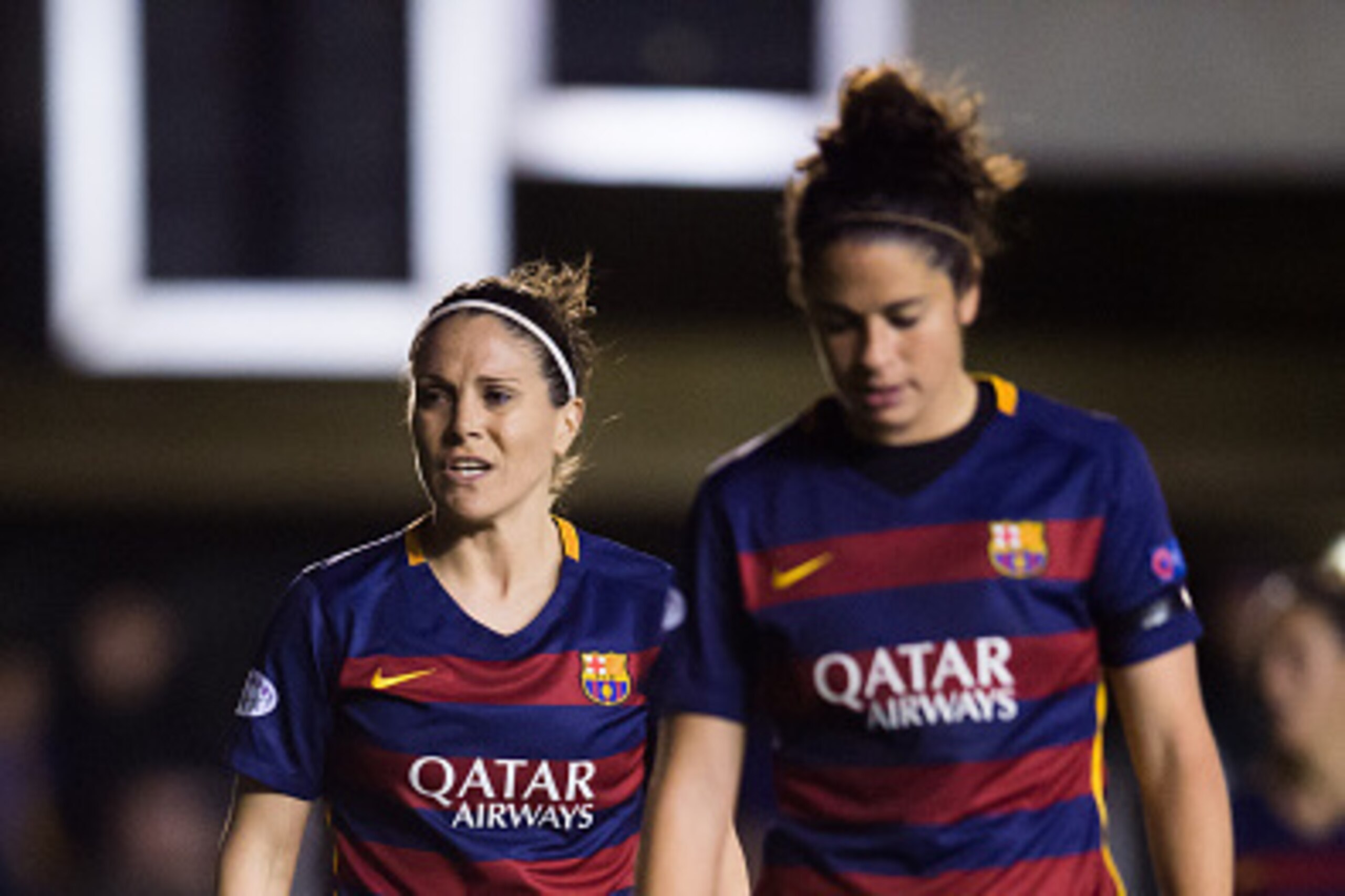 BARCELONA, SPAIN - MARCH 23: Ruth Garcia (L) and Marta Torrejon (R) of FC Barcelona look on during the UEFA Women's Champions League Quarter Final first leg match between FC Barcelona and Paris Saint-Germain at Miniestadi on March 23, 2016 in Barcelona, S