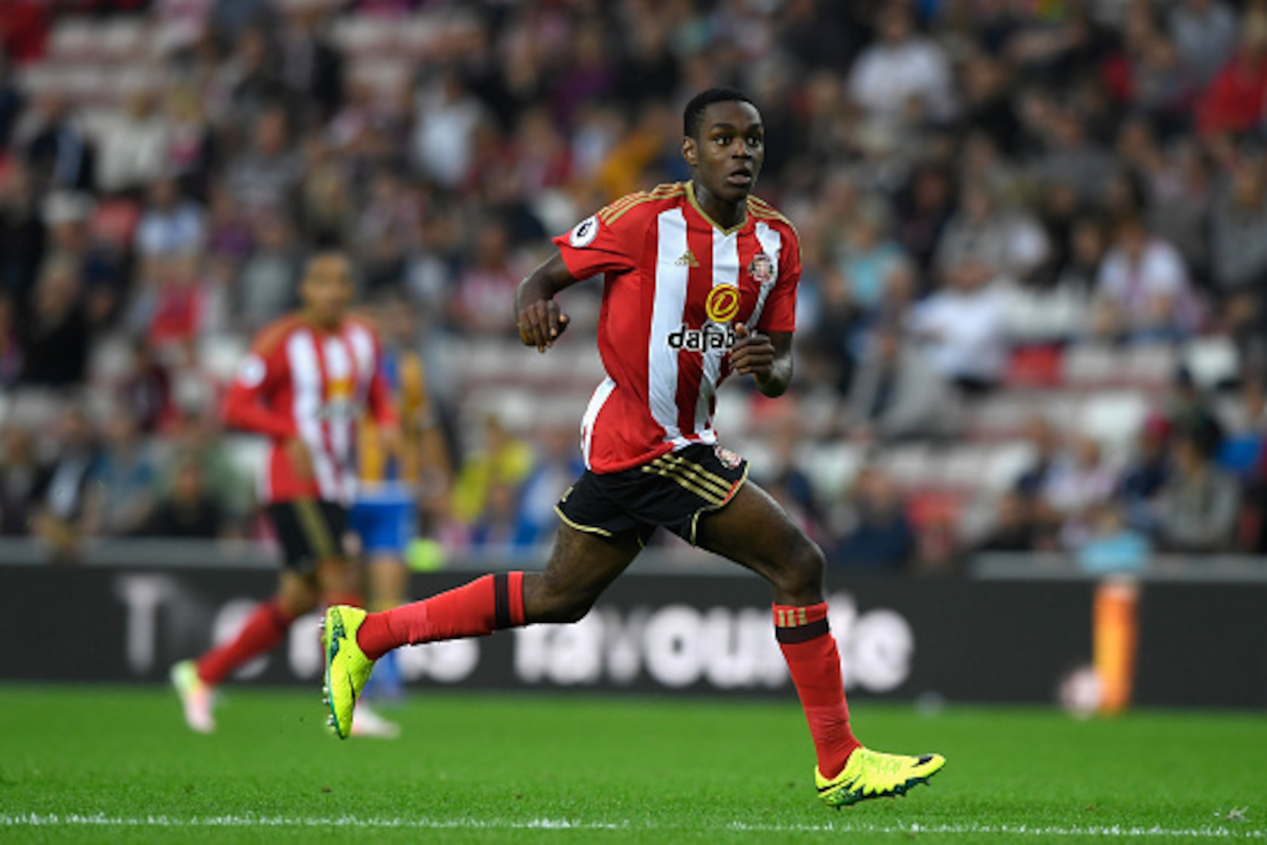 SUNDERLAND, ENGLAND - AUGUST 24:  Sunderland player Joel Asoro in action during the EFL Cup Round Two match between Sunderland and Shrewsbury Town at Stadium of Light on August 24, 2016 in Sunderland, England.  (Photo by Stu Forster/Getty Images)