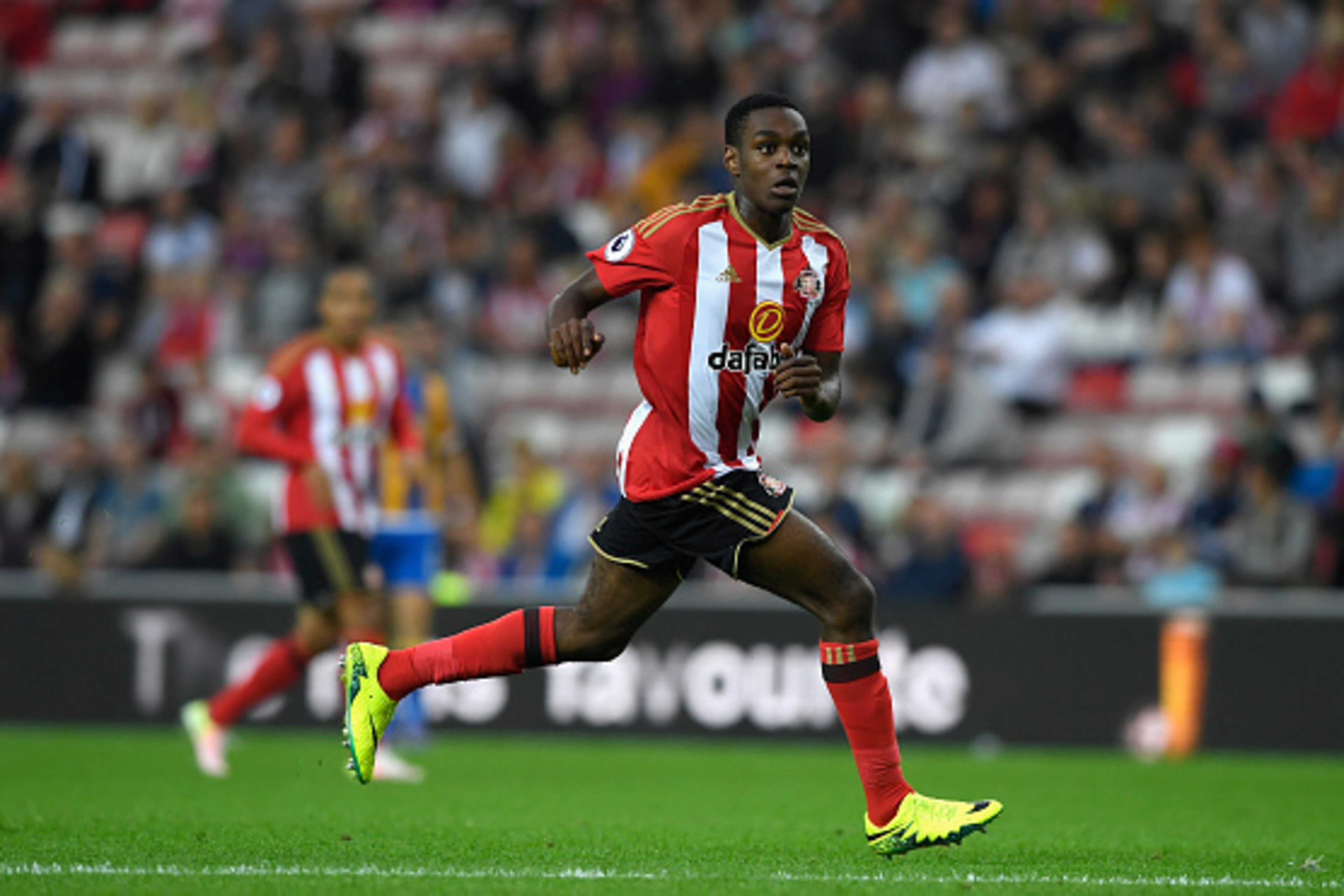 SUNDERLAND, ENGLAND - AUGUST 24:  Sunderland player Joel Asoro in action during the EFL Cup Round Two match between Sunderland and Shrewsbury Town at Stadium of Light on August 24, 2016 in Sunderland, England.  (Photo by Stu Forster/Getty Images)
