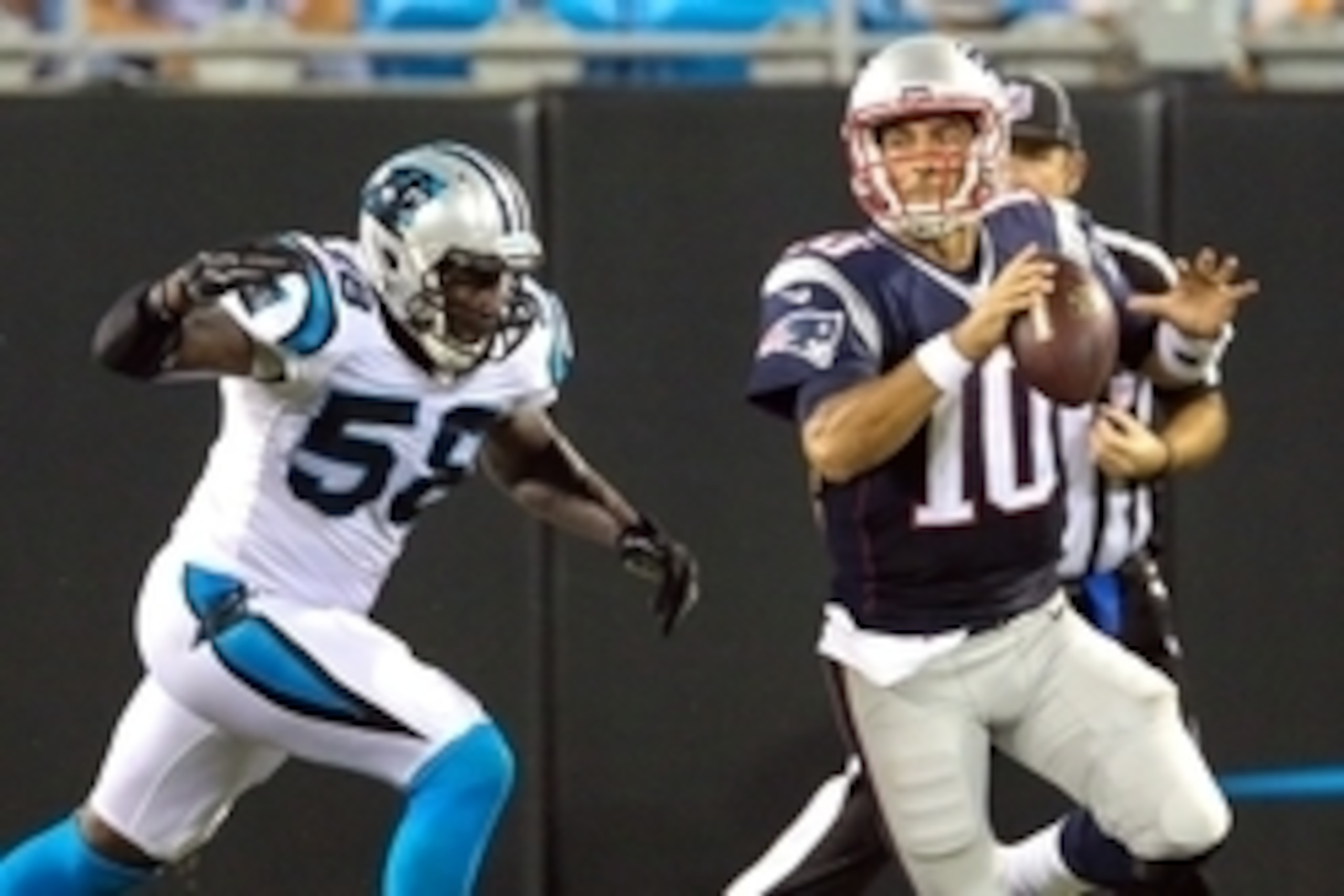 Aug 26, 2016; Charlotte, NC, USA;  Carolina Panthers outside linebacker Thomas Davis (58) charges towards New England Patriots quarterback Jimmy Garoppolo (10 at Bank of America Stadium. Mandatory Credit: Jim Dedmon-USA TODAY Sports