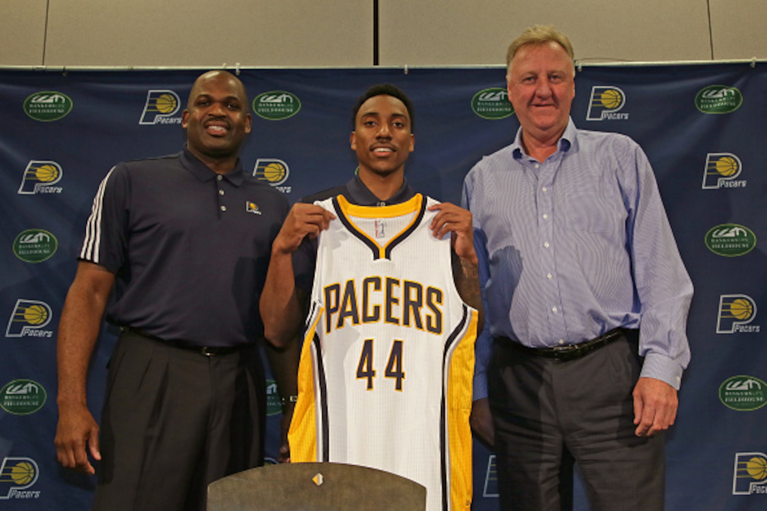 INDIANAPOLIS - JULY 11:  Jeff Teague speaks with the media after being introduced by Larry Bird of the Indiana Pacers at Bankers Life Fieldhouse on July 11, 2016 in Indianapolis, Indiana. NOTE TO USER: User expressly acknowledges and agrees that, by downl