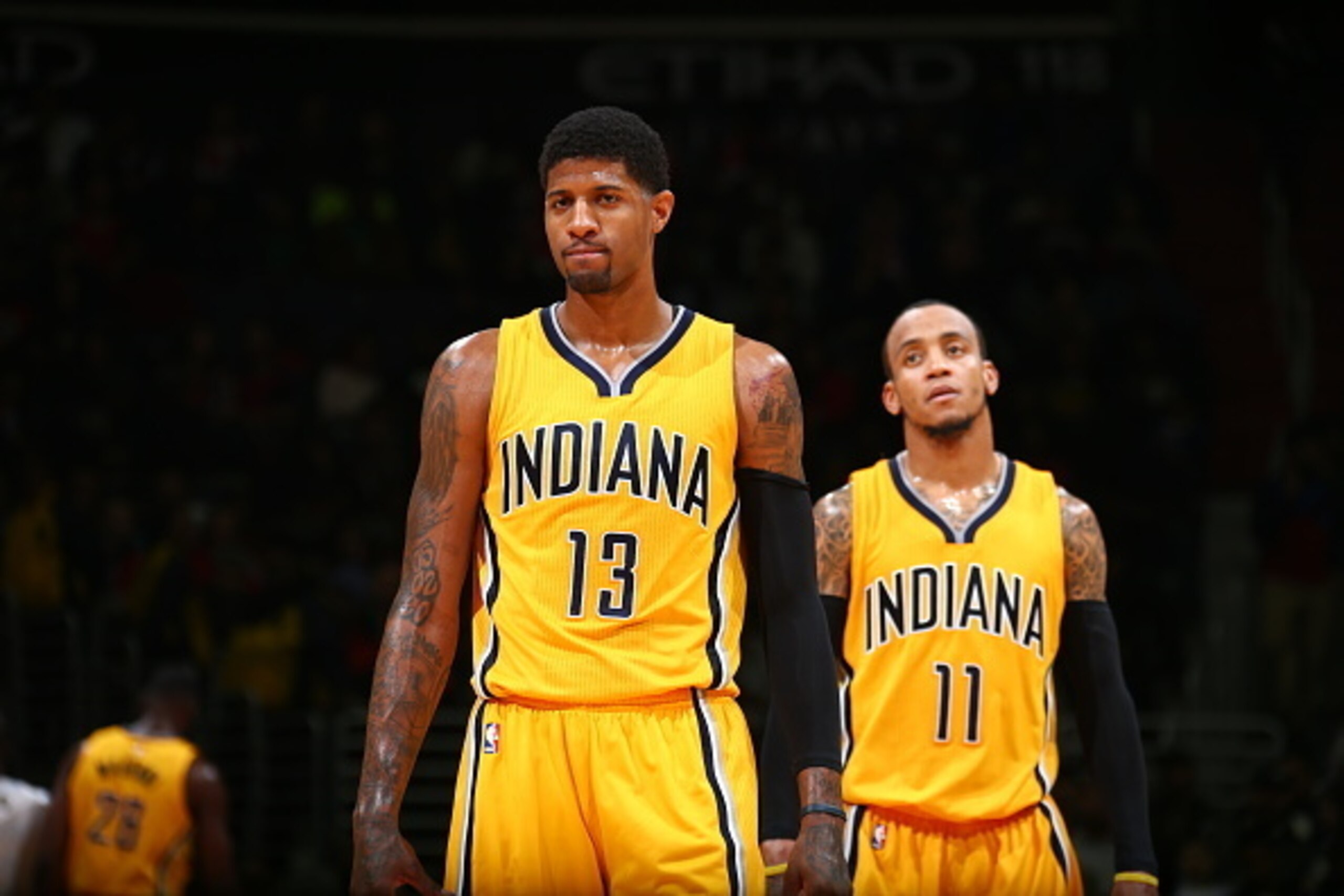 WASHINGTON, DC -  MARCH 5: Monta Ellis #11 and Paul George #13 of the Indiana Pacers are seen during the game against the Washington Wizards on March 5, 2016 at Verizon Center in Washington, DC. NOTE TO USER: User expressly acknowledges and agrees that, b
