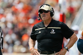 CLEMSON, SC - SEPTEMBER 5: Head Coach Mike Ayers of the Wofford Terriers looks on during the game against the Clemson Tigers at Clemson Memorial Stadium on September 5, 2015 in Clemson, South Carolina. (Photo by Tyler Smith/Getty Images)