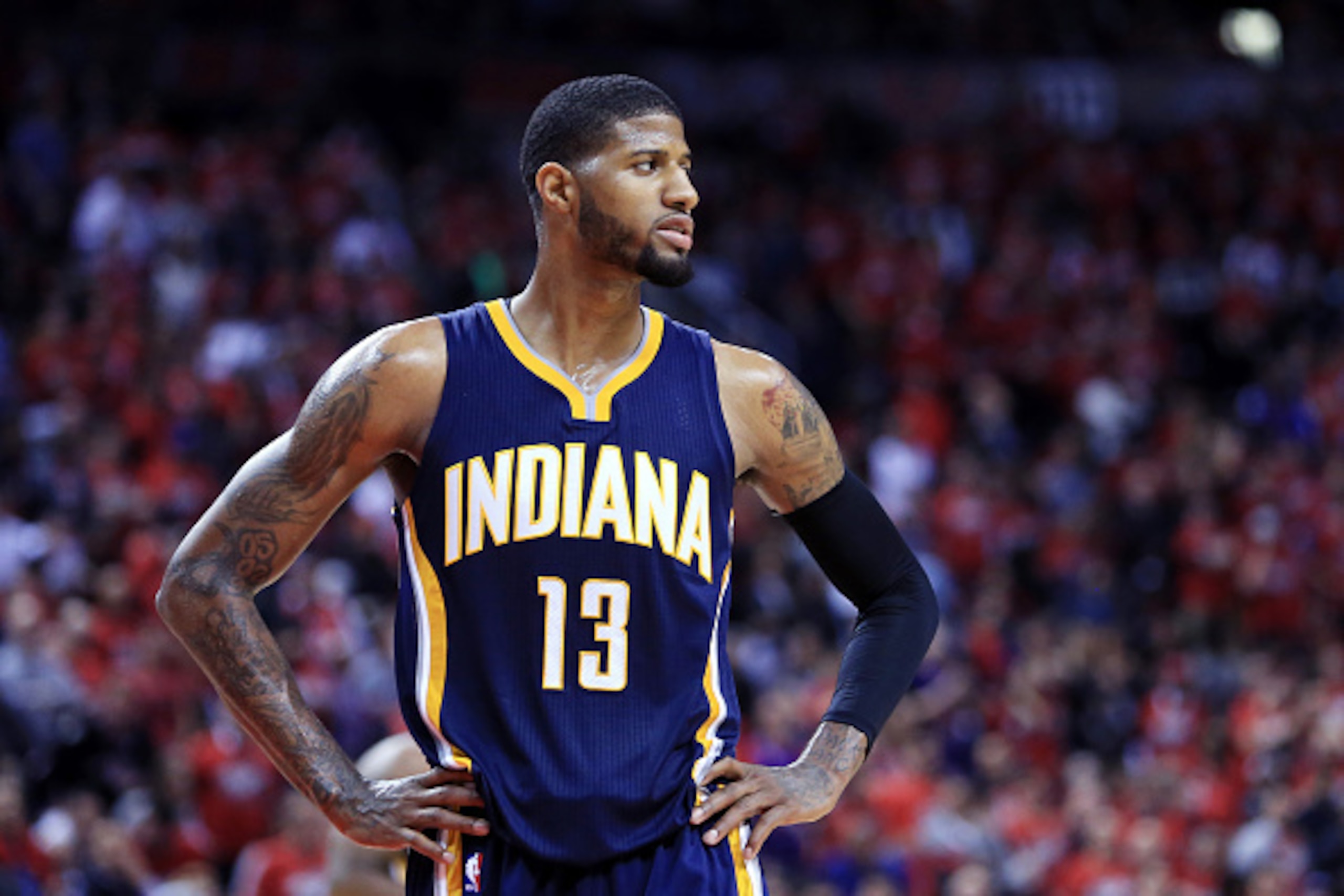 TORONTO, ON - MAY 01:  Paul George #13 of the Indiana Pacers looks on late in the second half of Game Seven of the Eastern Conference Quarterfinals against the Toronto Raptors during the 2016 NBA Playoffs at the Air Canada Centre on May 01, 2016 in Toront