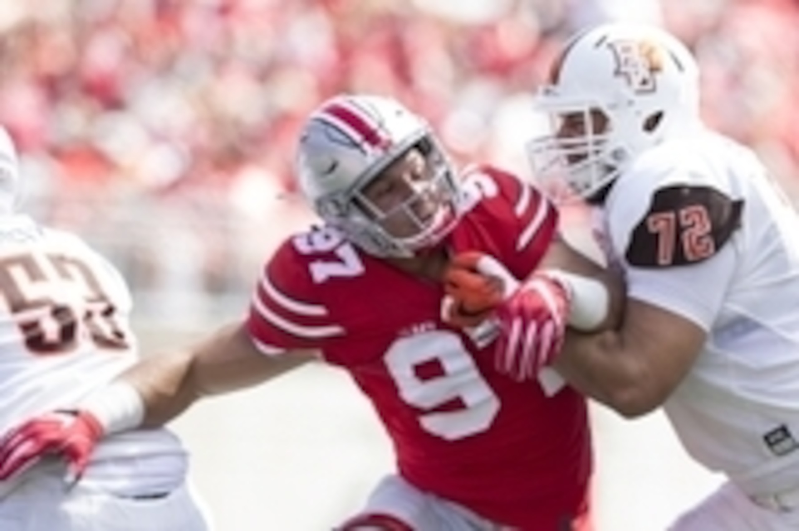 Sep 3, 2016; Columbus, OH, USA; Ohio State Buckeyes defensive end Nick Bosa (97) tries to get around Bowling Green Falcons offensive lineman Ben Steward (72) during the fourth quarter at Ohio Stadium. Ohio State won the game 77-10. Mandatory Credit: Greg 